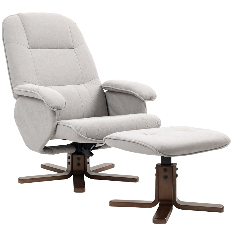 Linen Swivel Recliner Chair with Footstool, Wooden Base, Light Grey