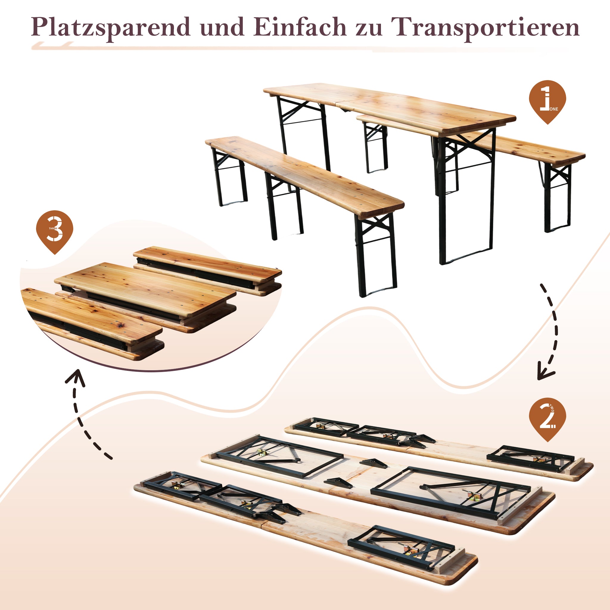 Foldable beer garden set, 3-piece 220 cm, space-saving, solid pine
