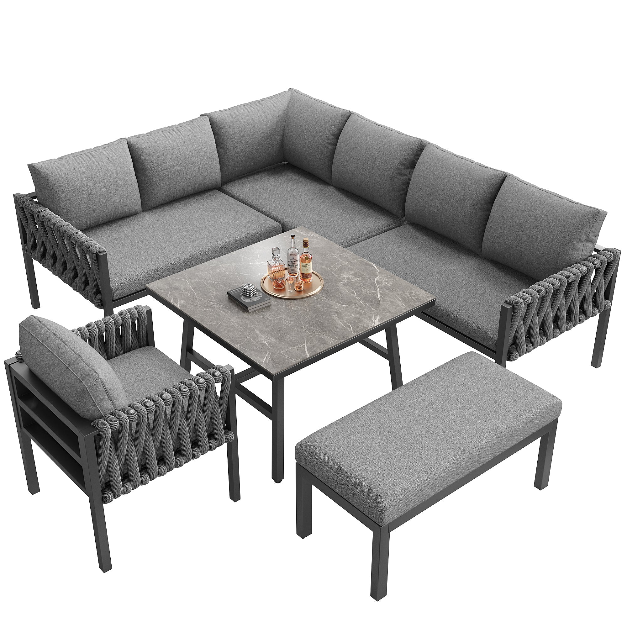 Garden Furniture Set Rope Corner Sofa Adjustable Legs Tempered Glass - Grey