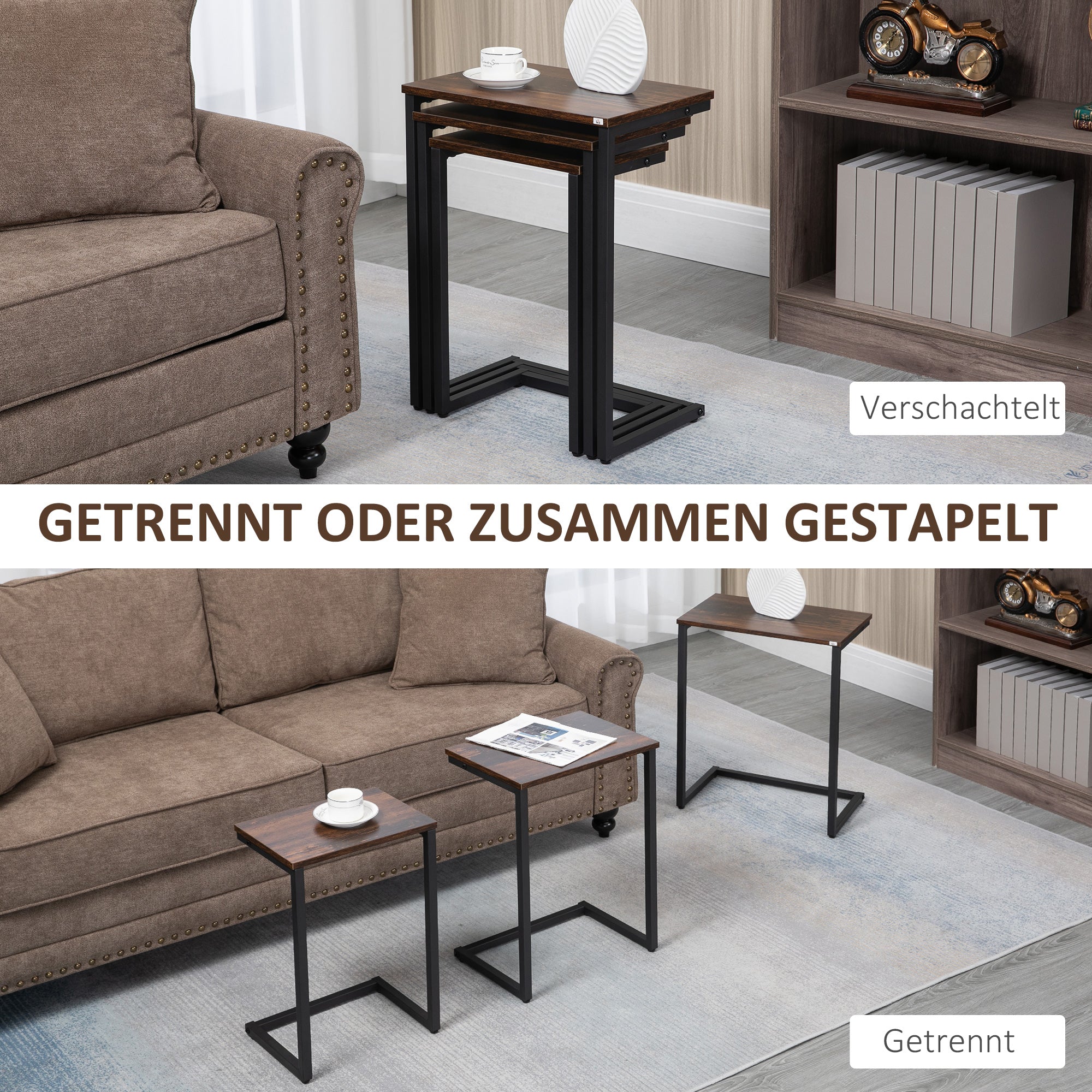 Set of 3 side tables, C-shaped nesting, space-saving, steel frame, rustic brown