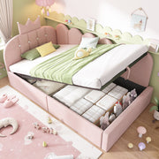 Upholstered Daybed with Hydraulic Storage and Crown-Lattice Design, 90x200cm, Pink Velvet