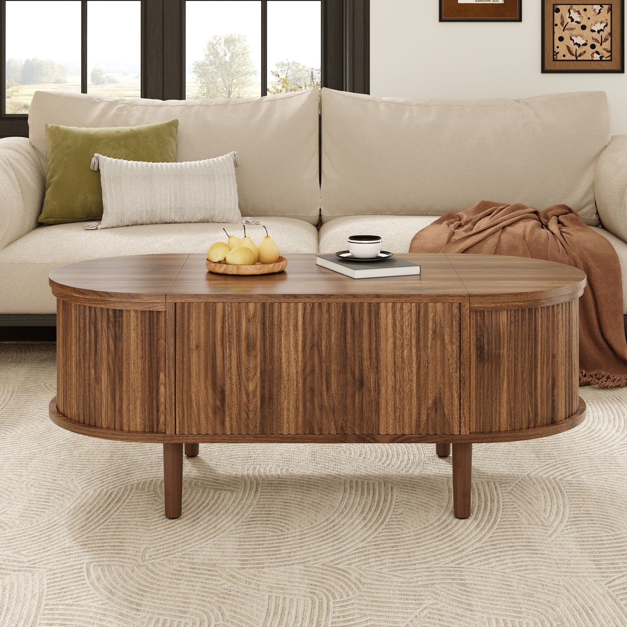 Oval Coffee Table with Adjustable Storage and Vintage Style, Solid Wood Legs