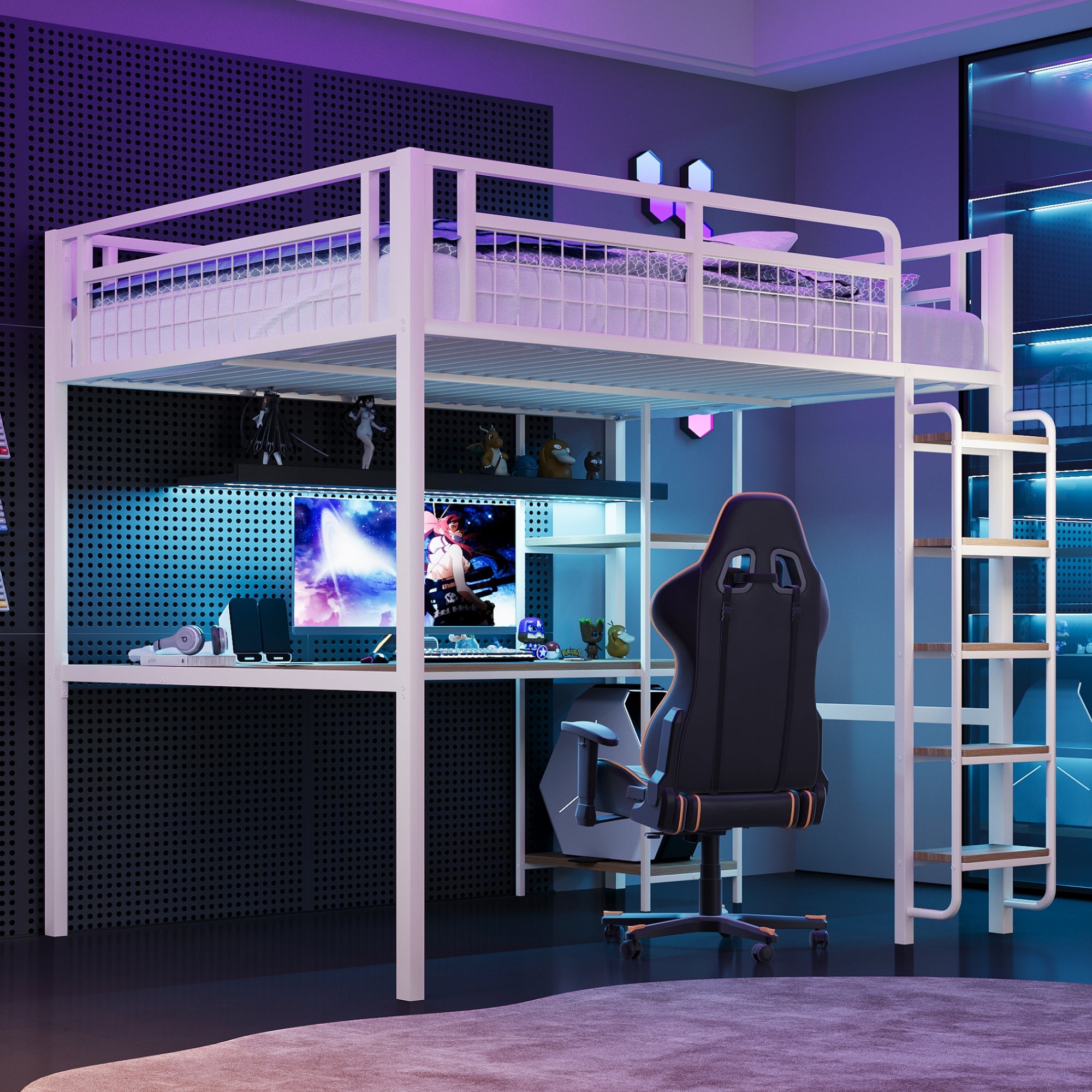 Metal Loft Bed 140*200 cm with Ladder, Table & Shelf, White