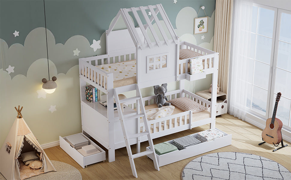 Bunk Bed, Roof & Window with Drawers, Reading Table, Storage Basket, Pine + MDF + Plywood, White