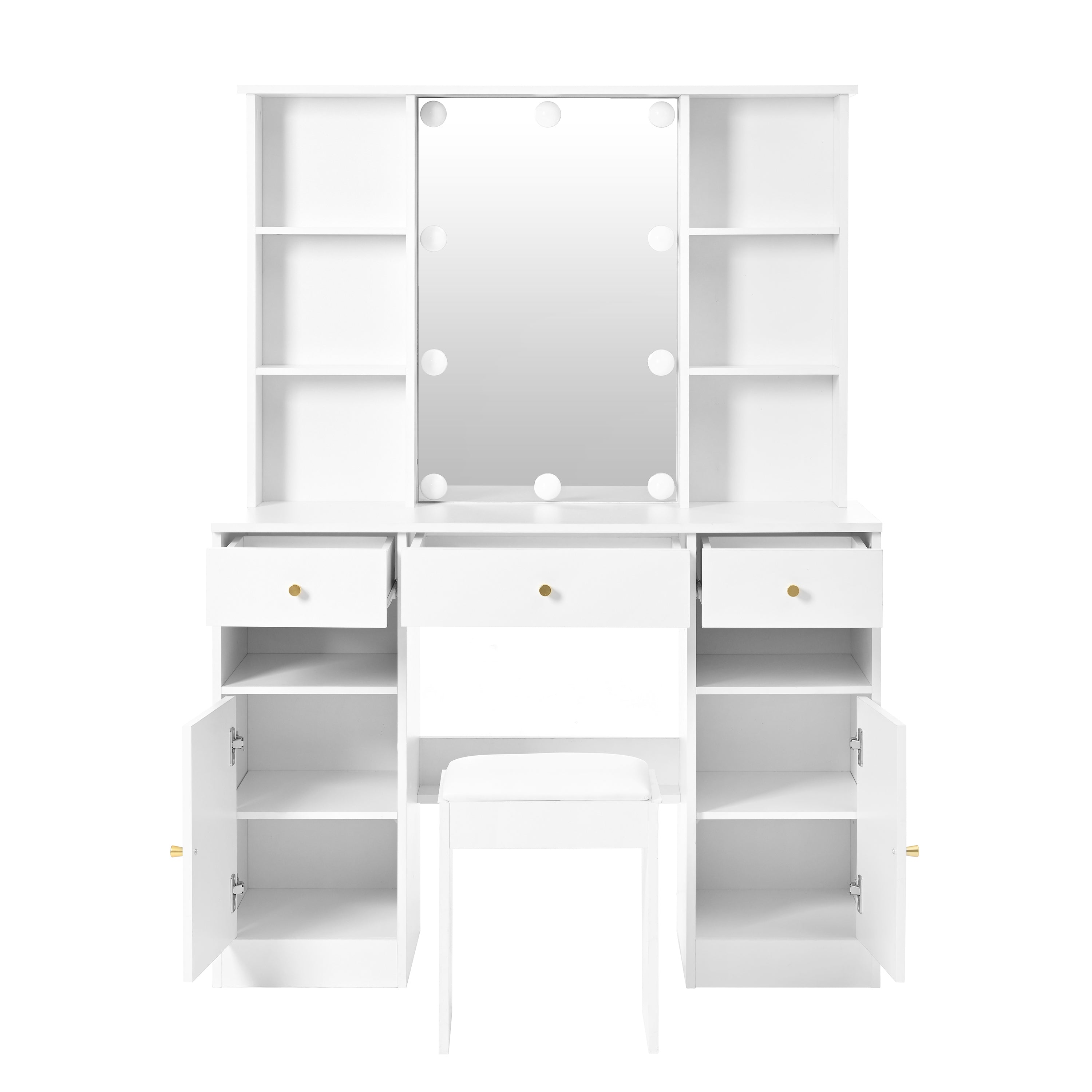 Dressing Table with LED lighting, Mirror, Stool, 3 Drawers, 2 Doors, White