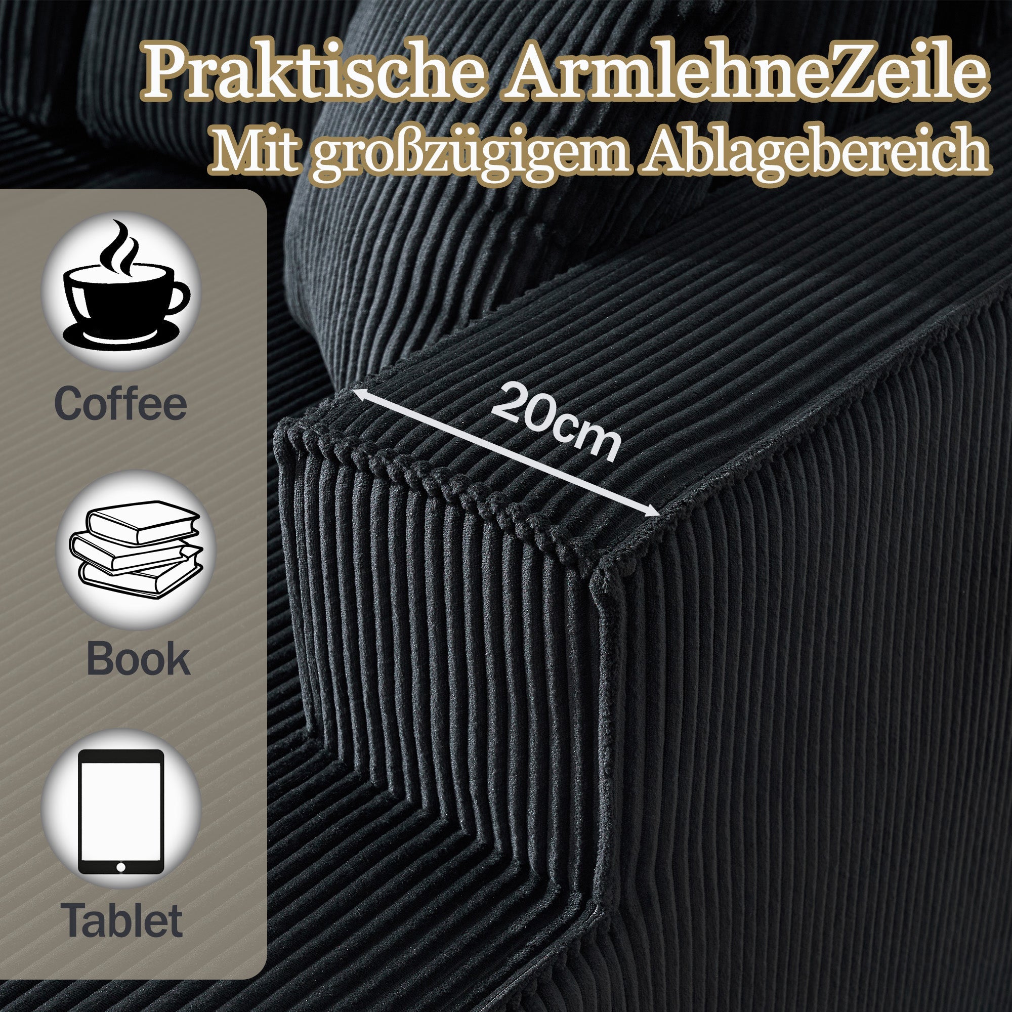 Modular Corner Sofa L-shaped Chaise Lounge High-Density Foam Corduroy Black