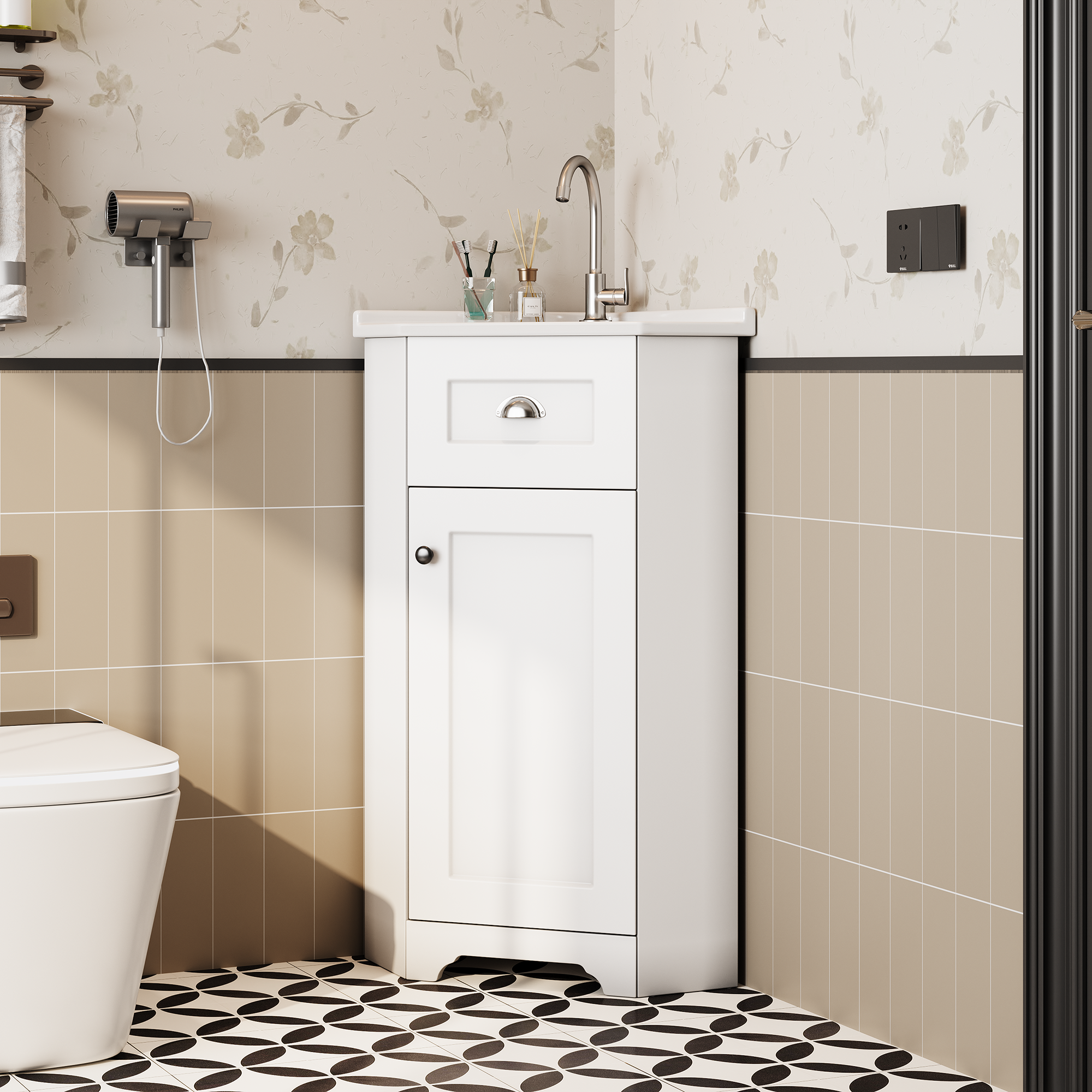 Bathroom Cabinet with Single Ceramic Sink and Waterproof MDF Body, White