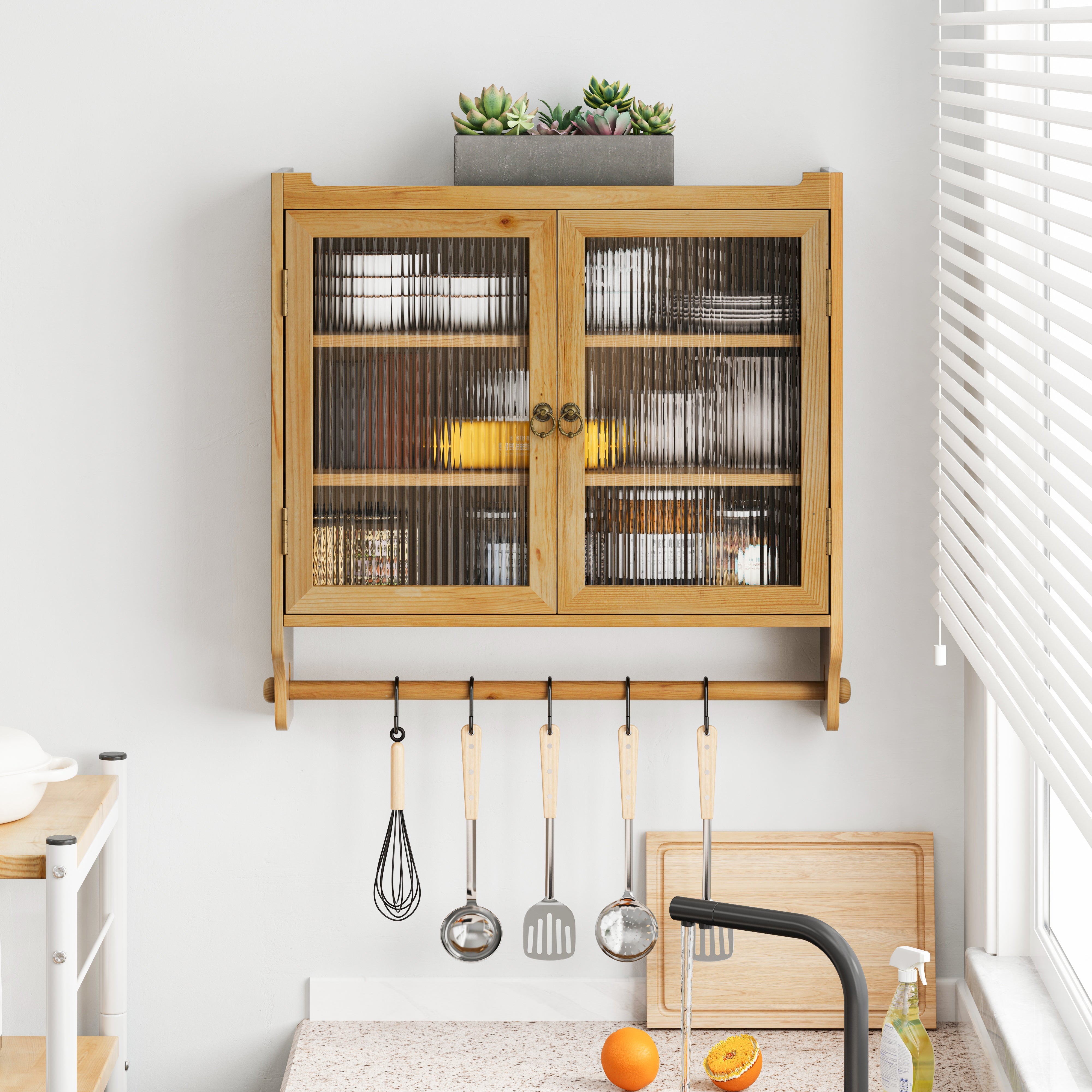 Wall Cabinet, 63CM Glass Door Vintage Double with Three Tiers & Towel Rack, Original Wood Color