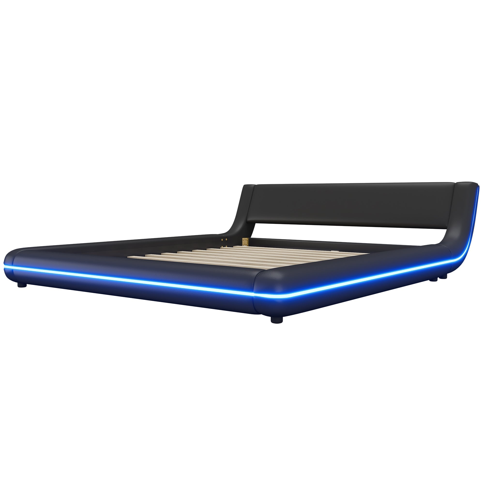 Flatbed Floor Bed 160x200cm with LED Ambient Light PU Black