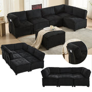 Modular Sofa 6-Seater 308cm, Ergonomic Storage Pockets, Corduroy Black