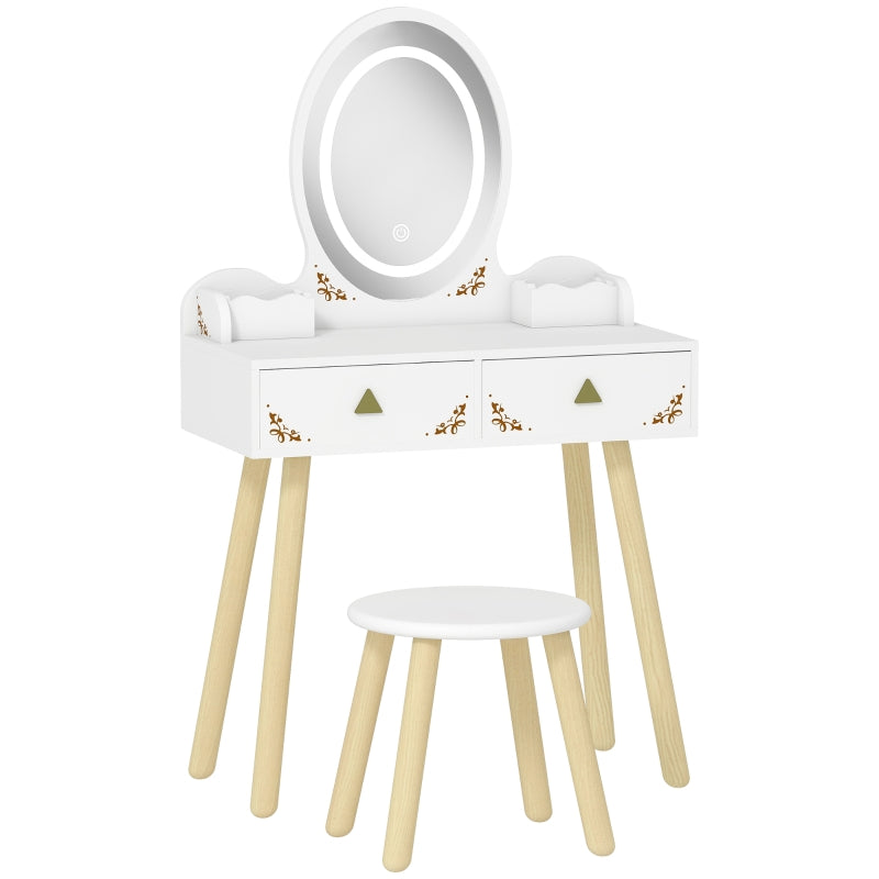 Kids Vanity Table and Chair Set, 3-Colour LED Mirror Drawer Storage, White
