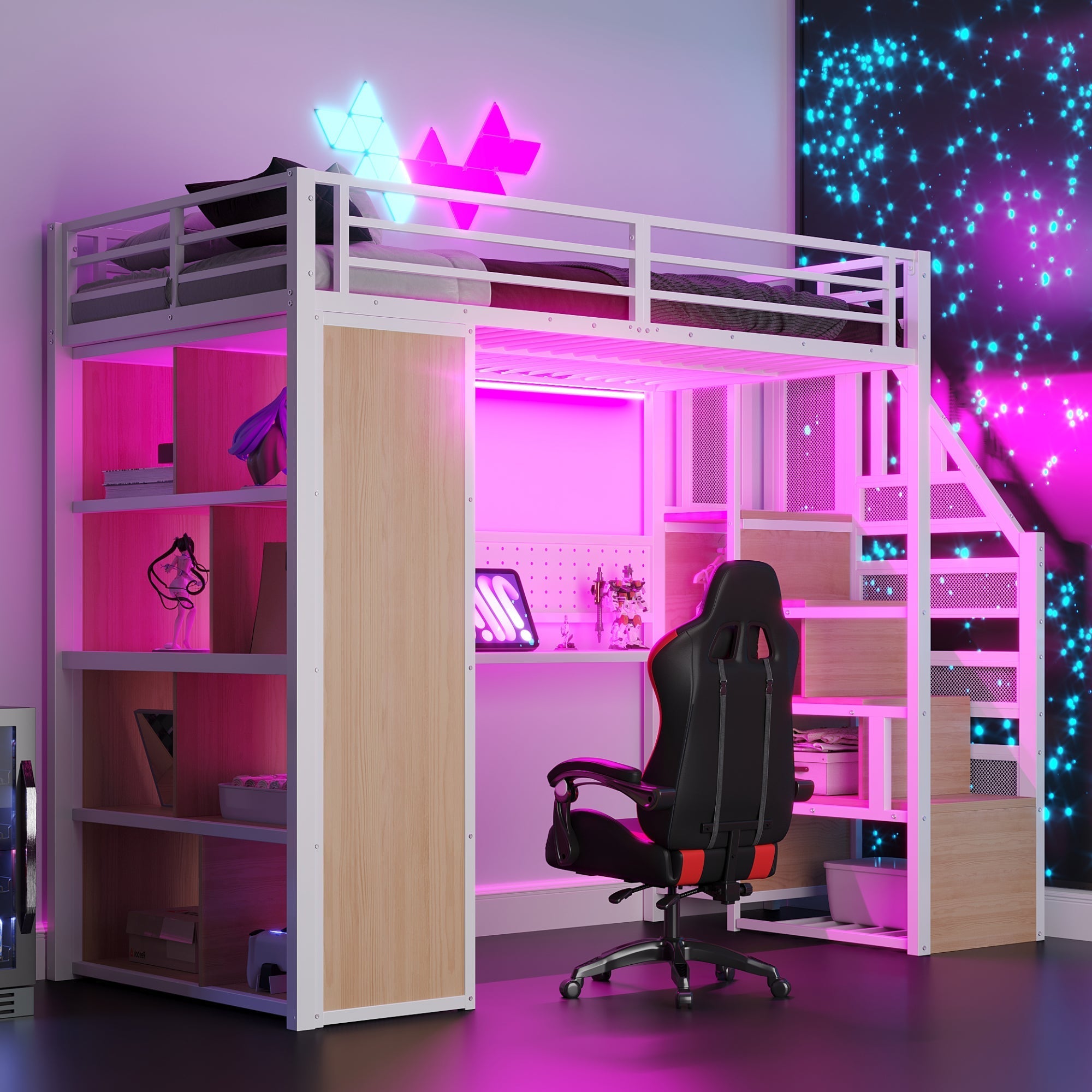 Metal Loft Bed with Desk, Wardrobe and LED Lighting, 90 x 200 cm, White