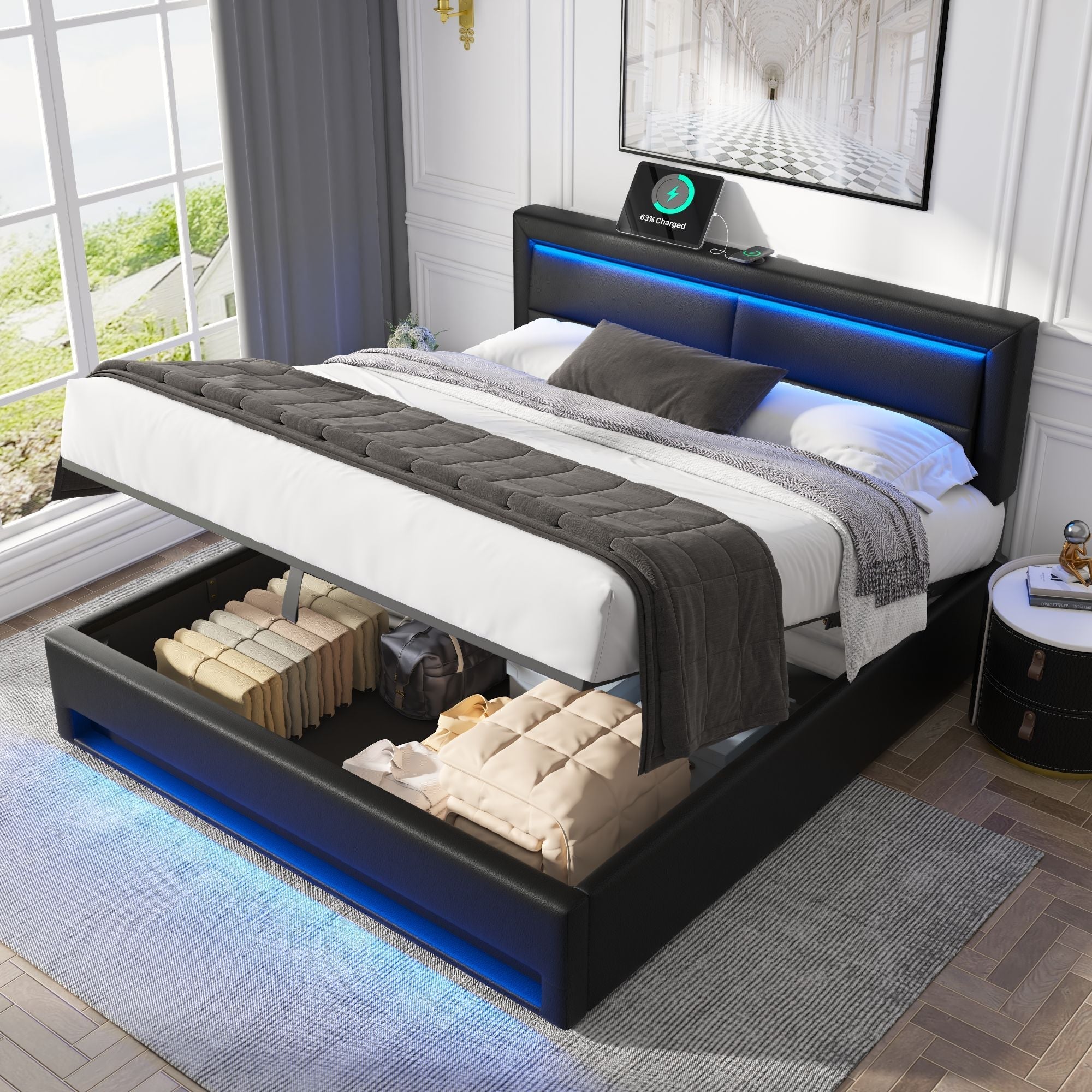 Upholstered Bed 140x200cm LED Storage USB Charging - PU Lychee Black