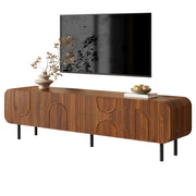 TV Cabinet with 3 Doors, 2 Drawers and Vertical Grooves, Mid-Century Style with Metal Legs