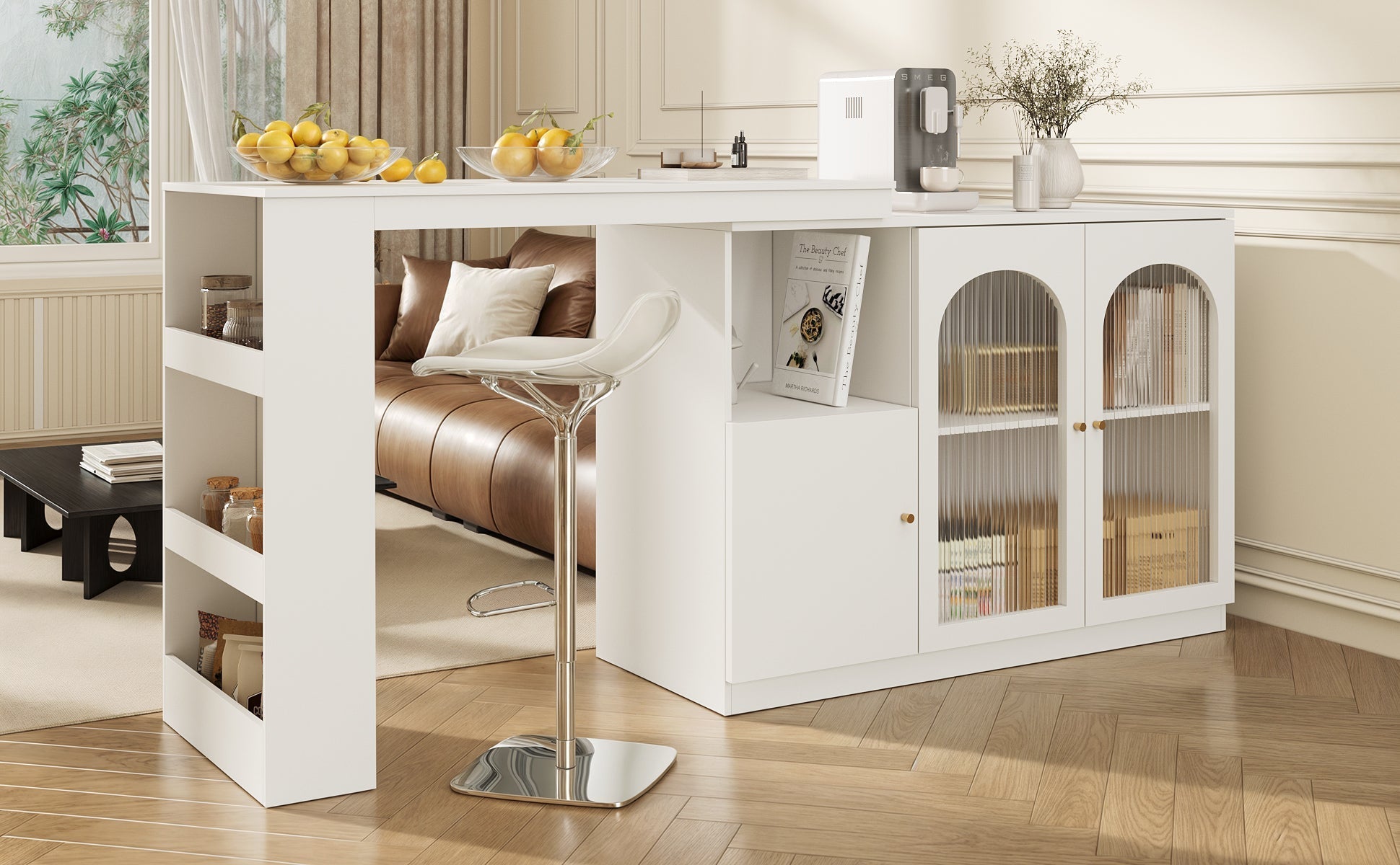 Bar Table, 360° Rotating Dining & Storage Cabinet with Glass Door, White