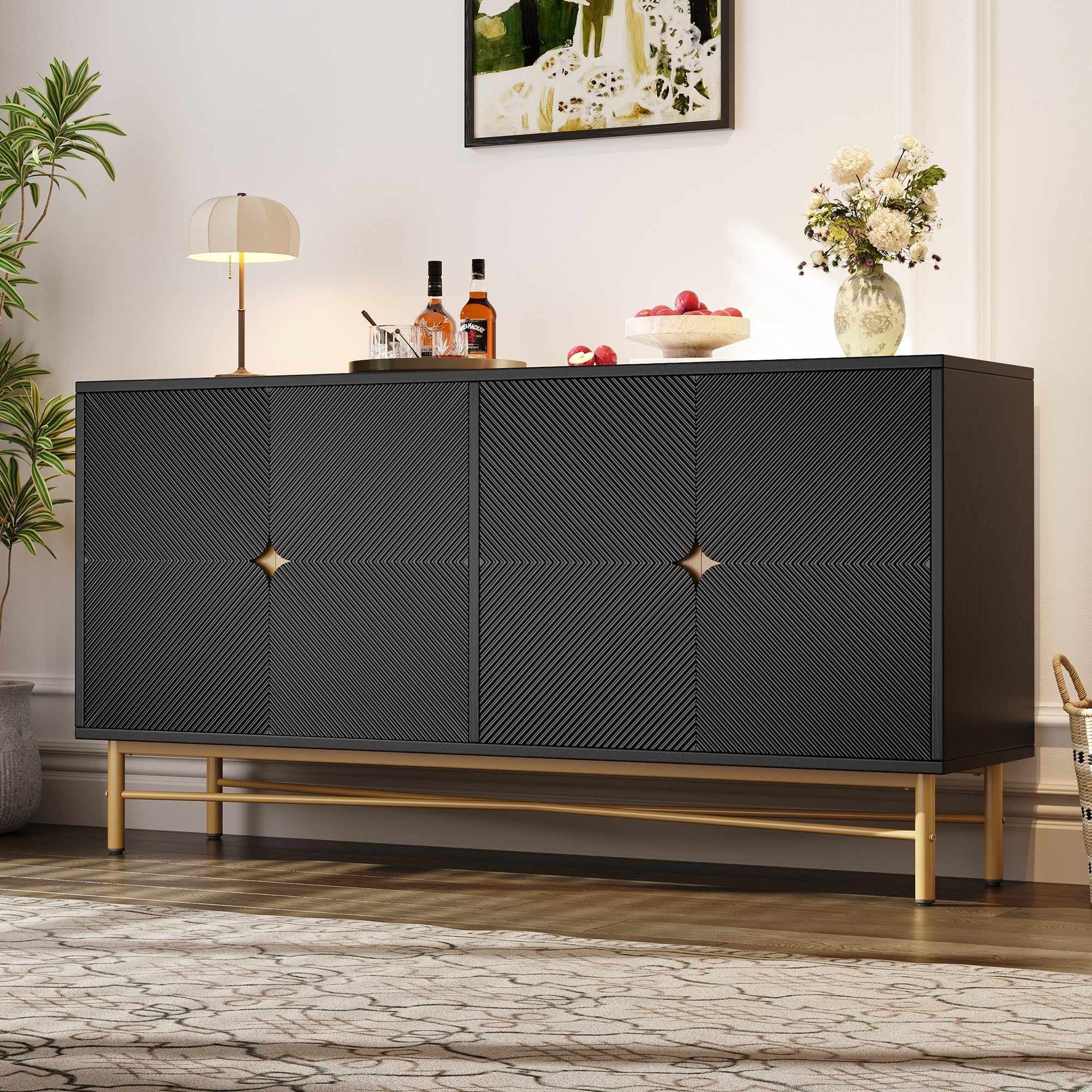Sideboard Raised Texture 160cm, Cabinet Four Doors, Golden Brushed Handles and High-Gloss Table Legs, Black
