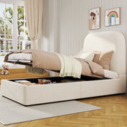 Upholstered Bed Single/Children's 90x200cm Hydraulic Storage with Padded Headboard, Velvet Beige