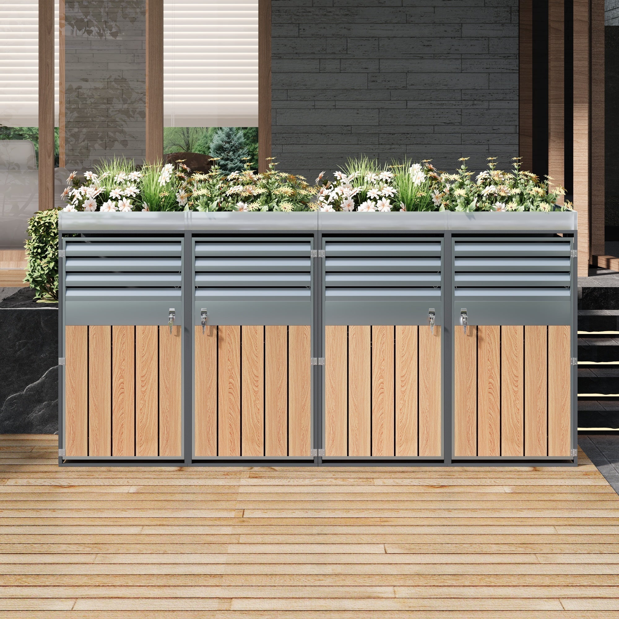 Garbage Can Enclosure with Ventilated Louvers, Lockable Four Doors and Planting Area, Galvanized Steel