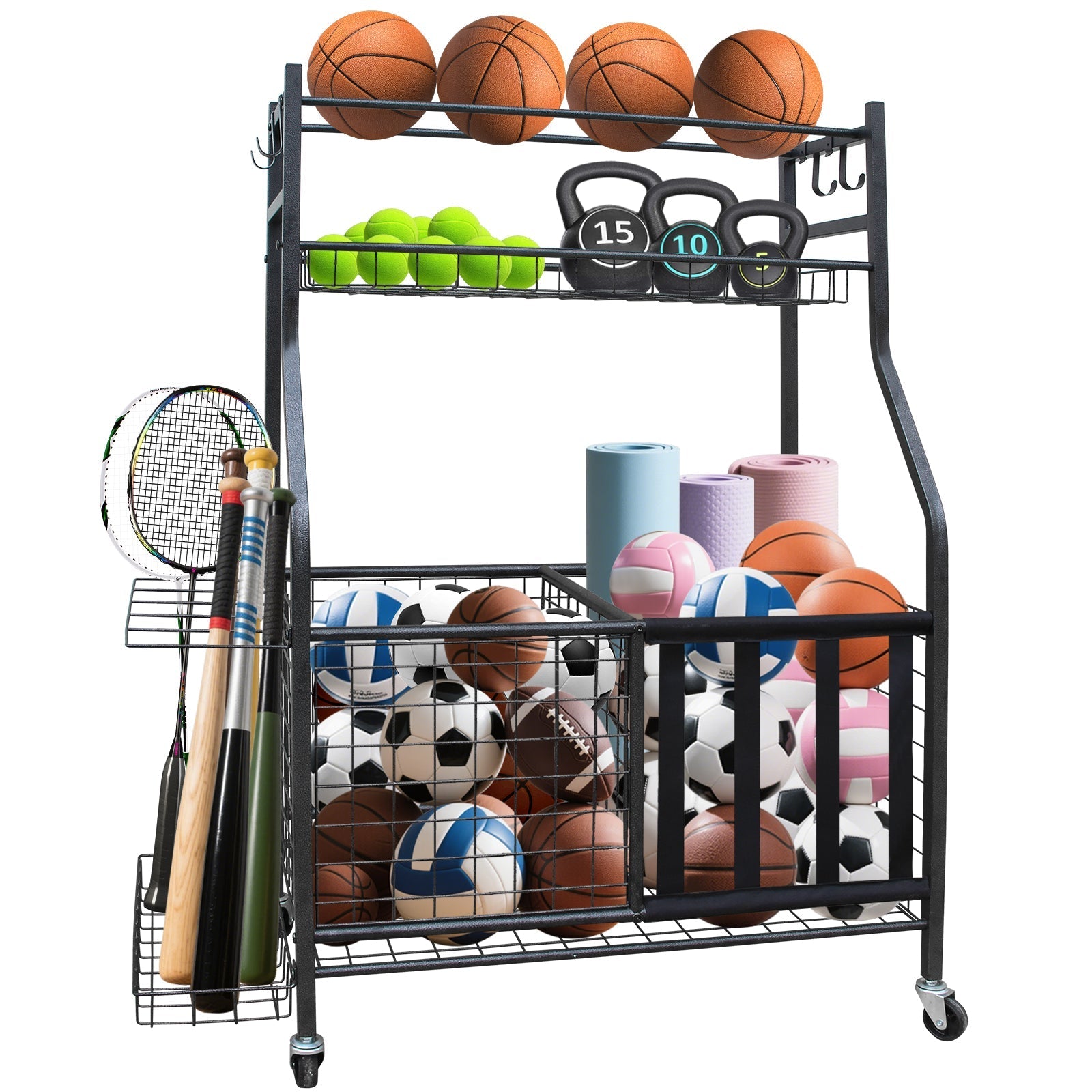 Garage Sports Equipment Organizer Large Capacity Rolling Ball Cart Indoor/Outdoor