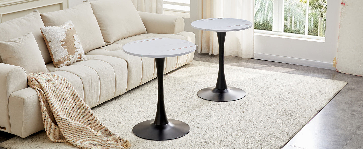 Round 60cm Side Table Small Dining Table MDF Thermoforming Black Leg White Grain Look
