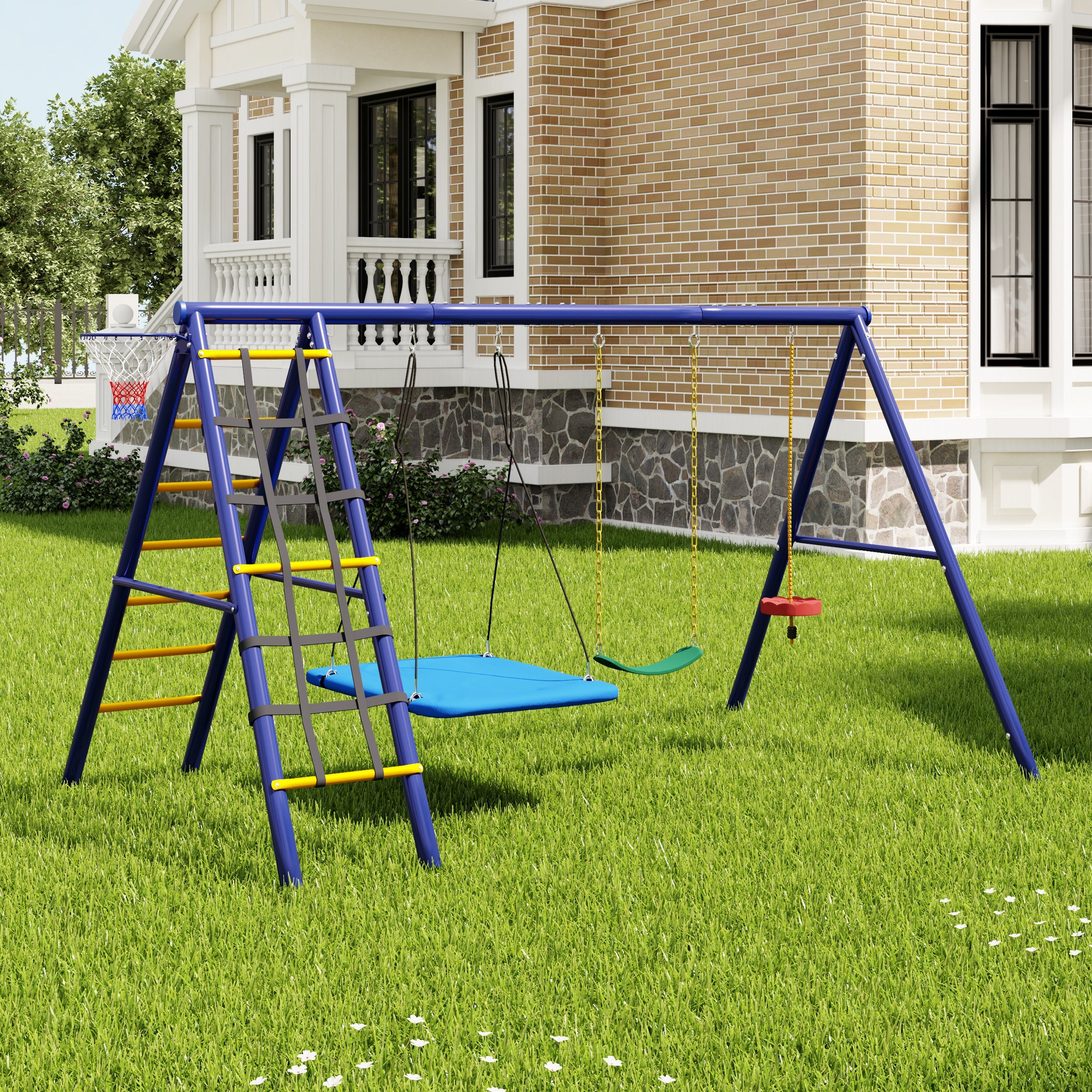 Multifunctional Outdoor Swing Set - 3 Swings, Climbing Frame, Basketball Hoop, Steel