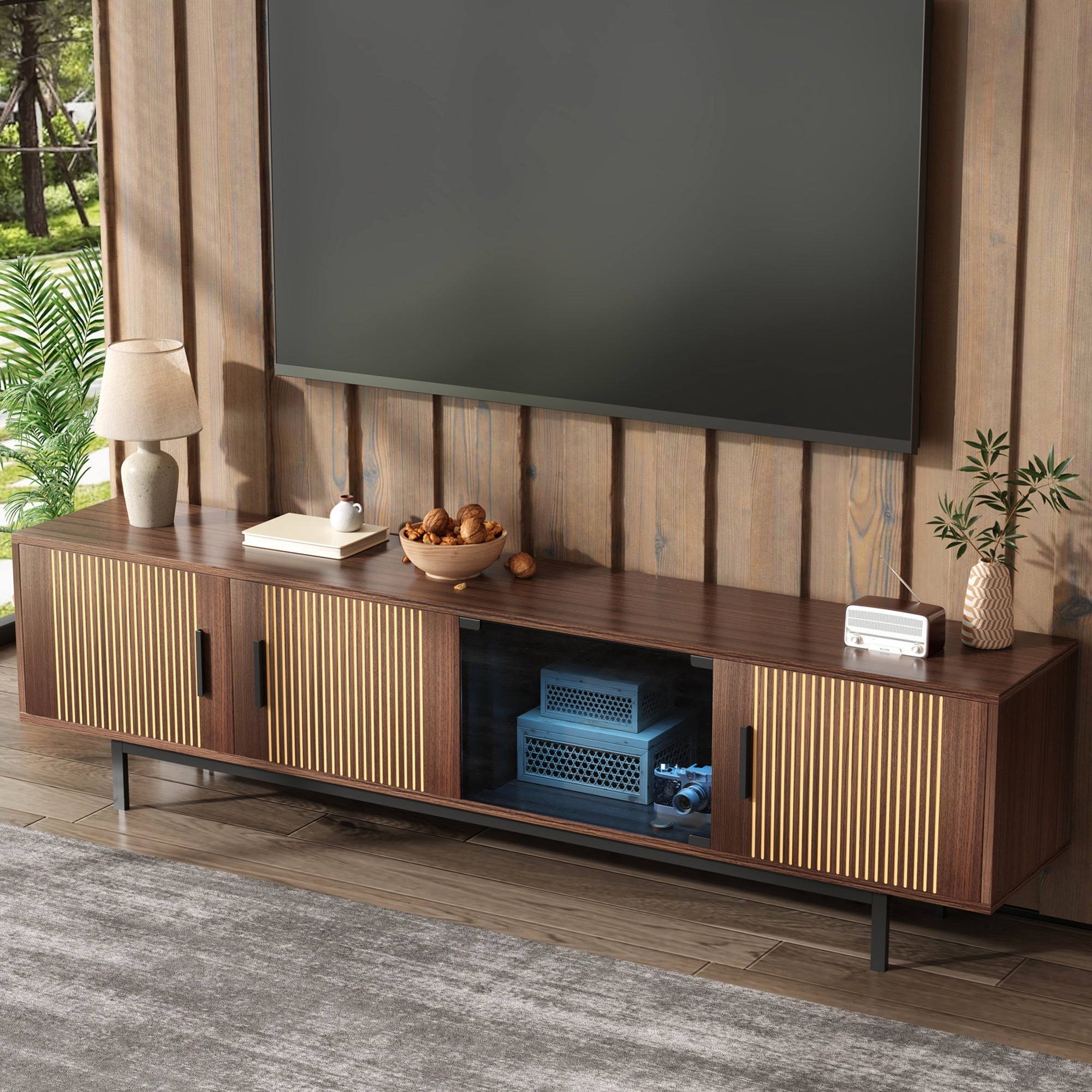 TV Cabinet Lowboard Carved Texture LED Light Tempered Glass