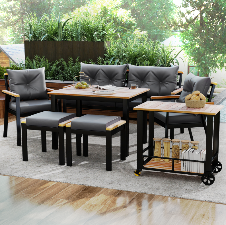 Dining Set, 6-7 Seater with Armchairs & Removable Trolley, Acacia Wood