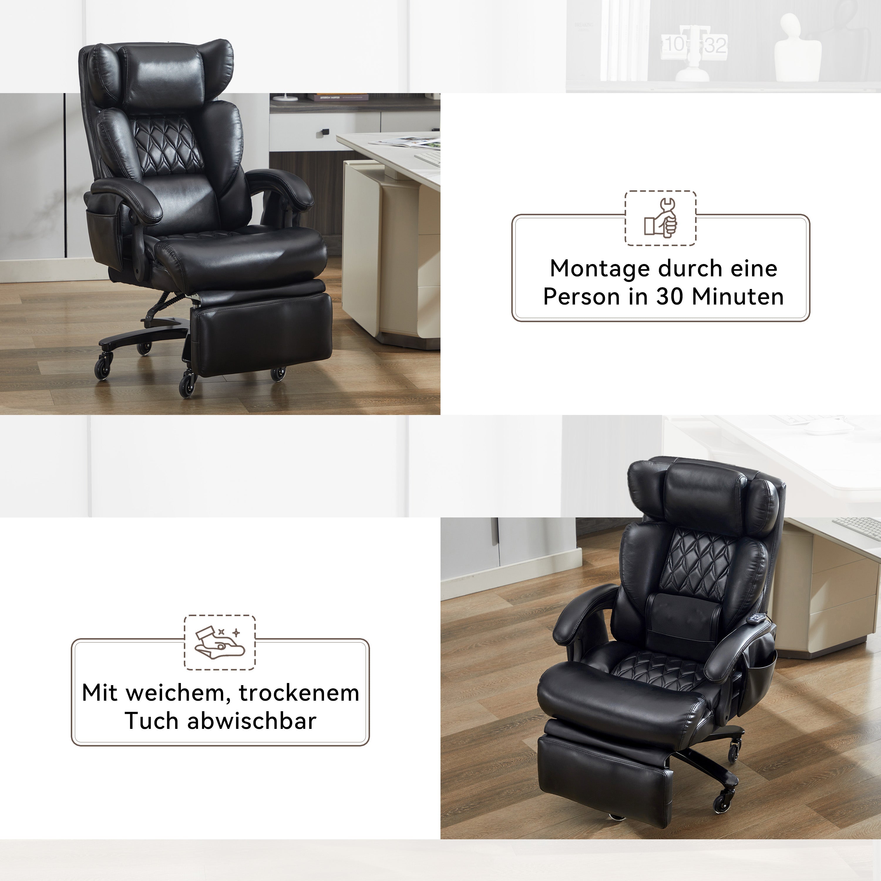 XXL Executive Office Chair - Massage Heat Footrest Adjustable Backrest 150kg - PU Leather Black