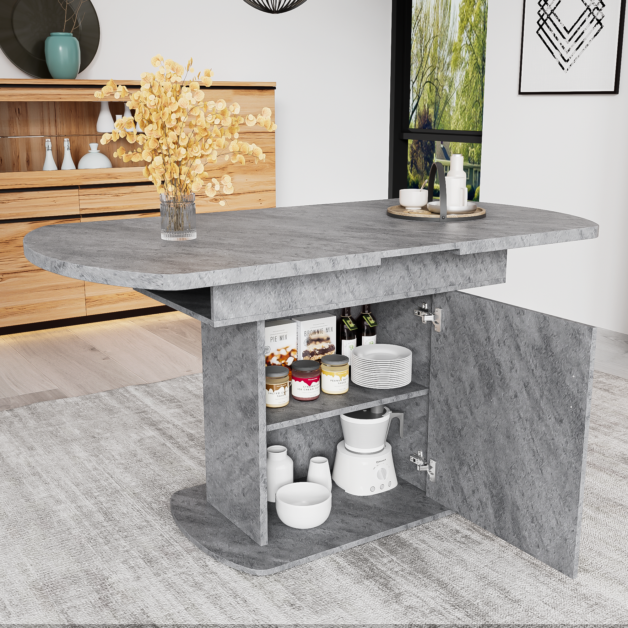 Extendable Oval Dining Table with Storage and Minimalist Design, Concrete Look and Silver Handle