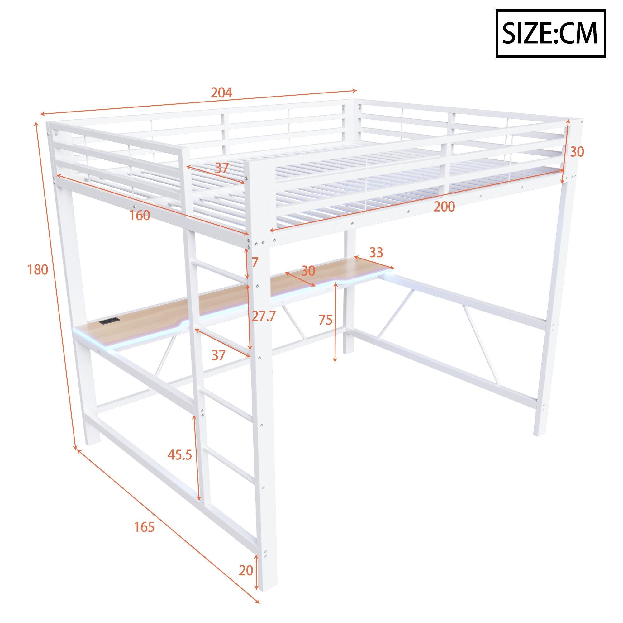 Gaming Loft Bed Frame with 160x200 Desk, LED and USB, White Metal