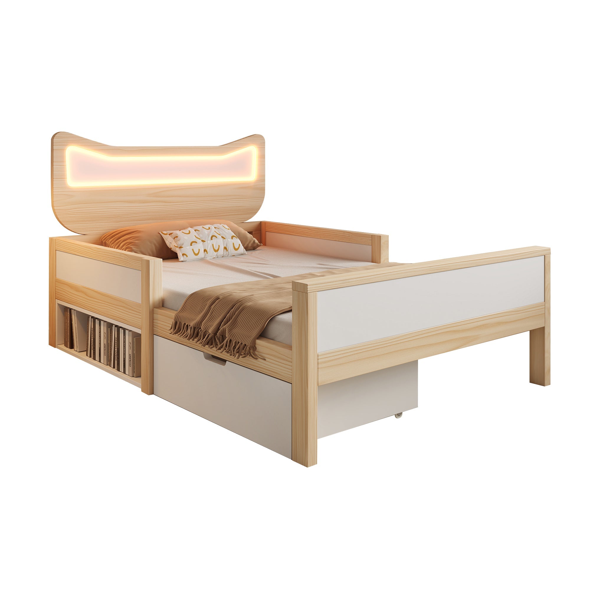 Children's Bed with Cat Ear Headboard, RGB LED Lighting, Drawer and Safety Rails, 90x200cm, White and Oak