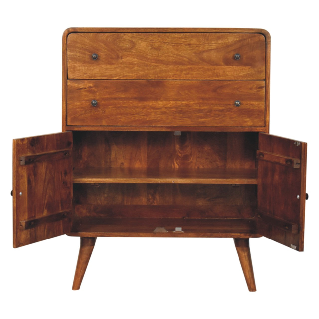 Solid Wood Curved Nordic Charm Cabinet, 2 Drawers, 2 Doors, Brown