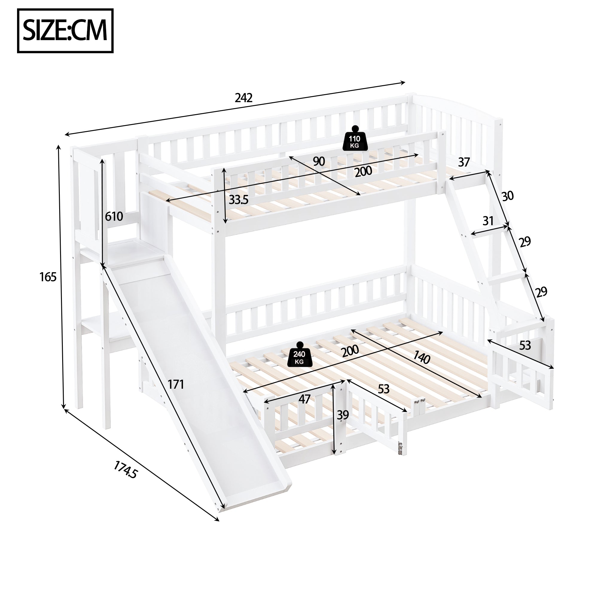 Bunk Bed 90/140x200cm Slide Steps Storage Shelves - White Pine Wood