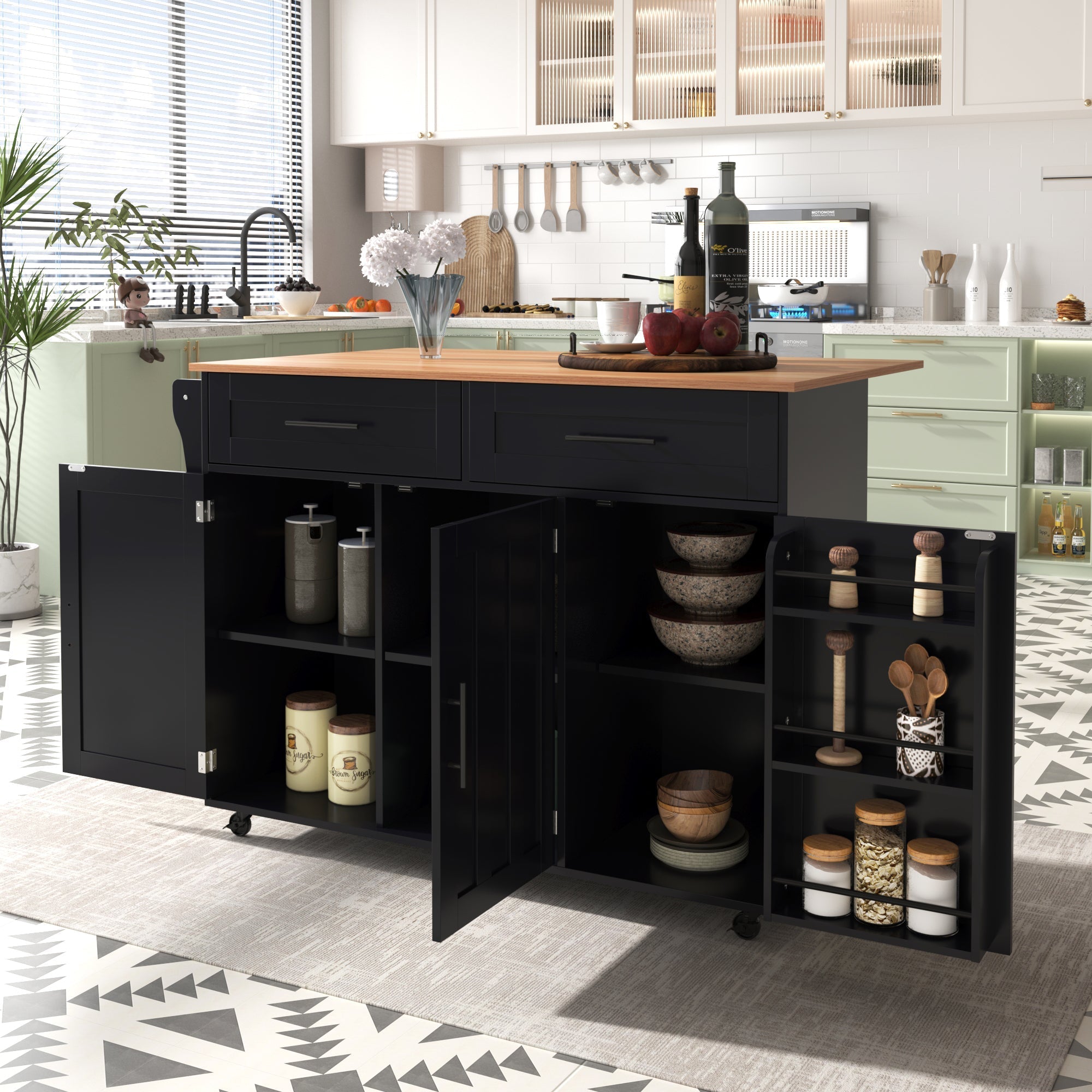Kitchen Trolley with Foldable Extension and Storage Drawers, Black and Light Wood Look