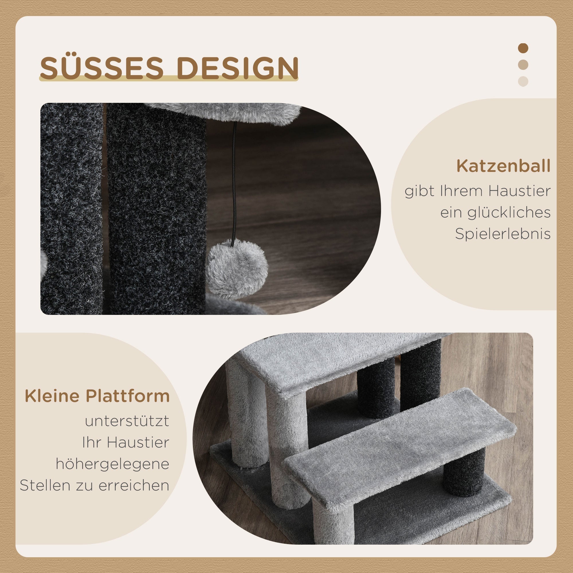 Cat Stairs 3 Steps with Play Ball, Plush Grey