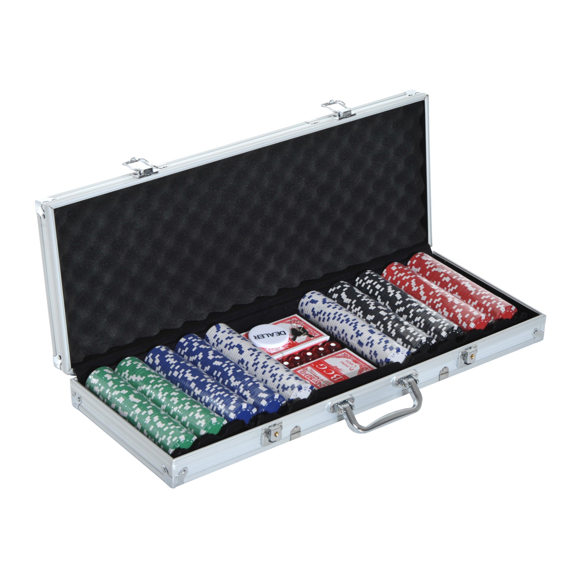 Poker Case Set, 500 Chips, 2 Card Games, 5 Dice, Aluminum