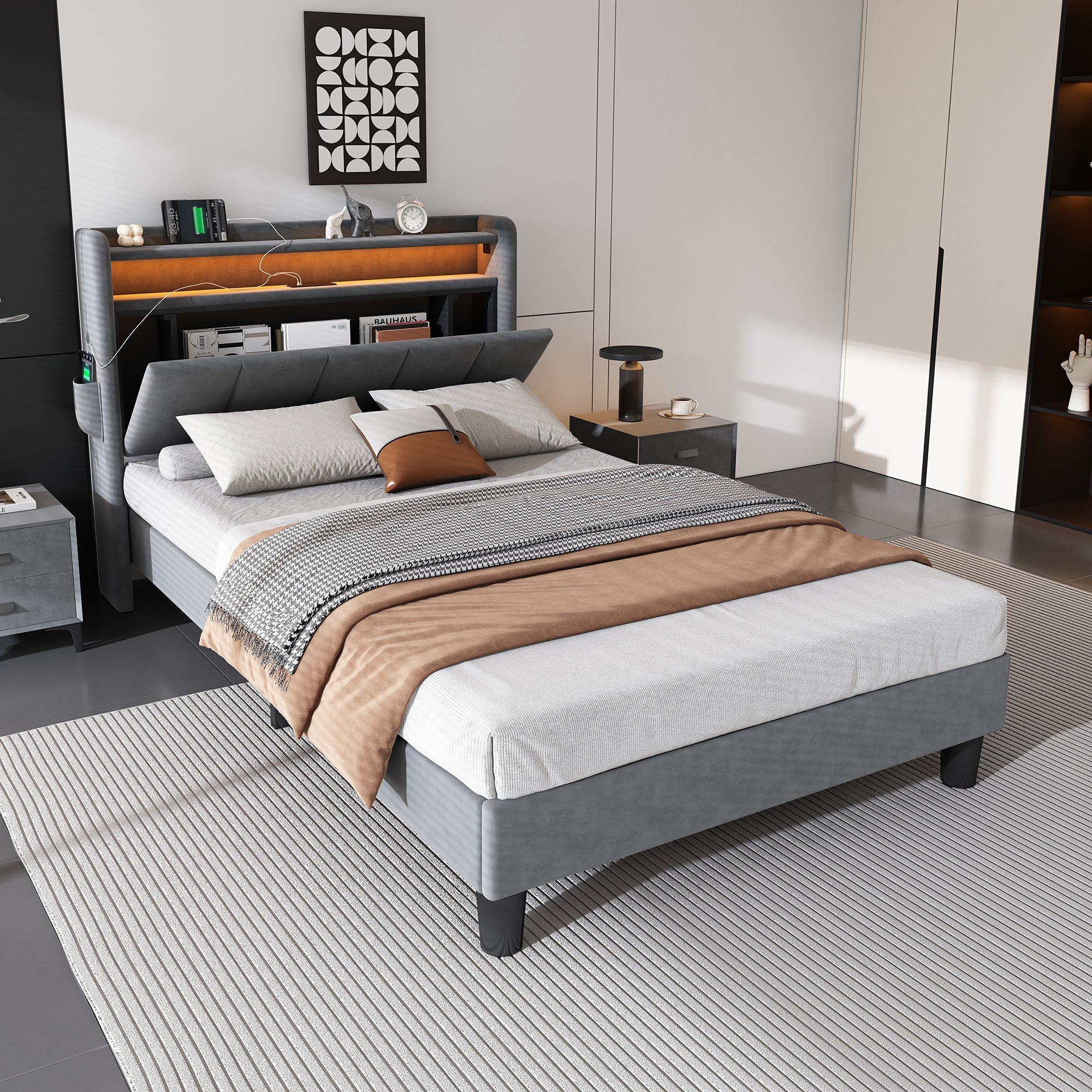 Upholstered Bed, 3FT Single with Storage, LED, USB & Type C, Velvet Grey