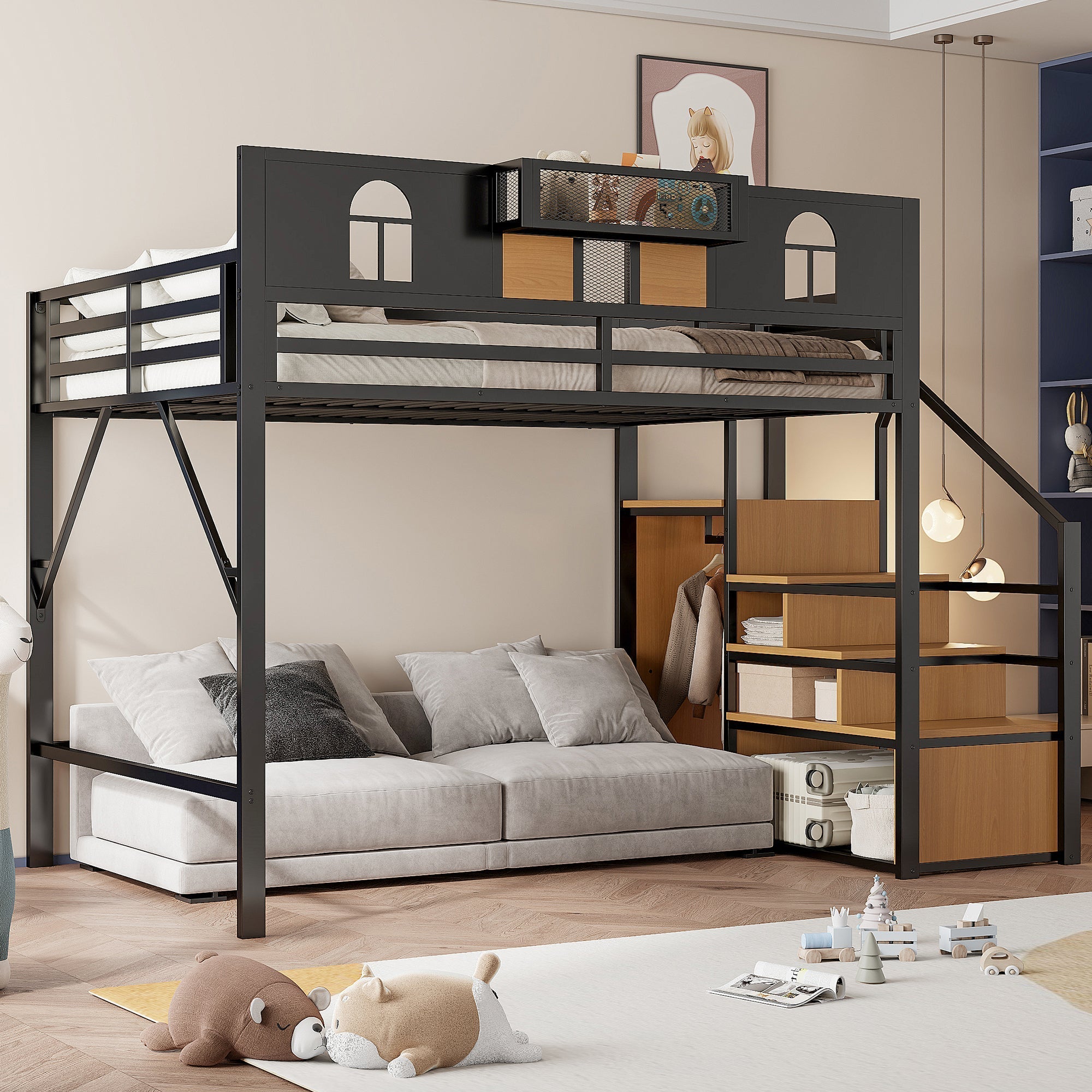 Large Metal Loft Bed with Storage Stairs and Integrated Shelving, Black and Wood Look