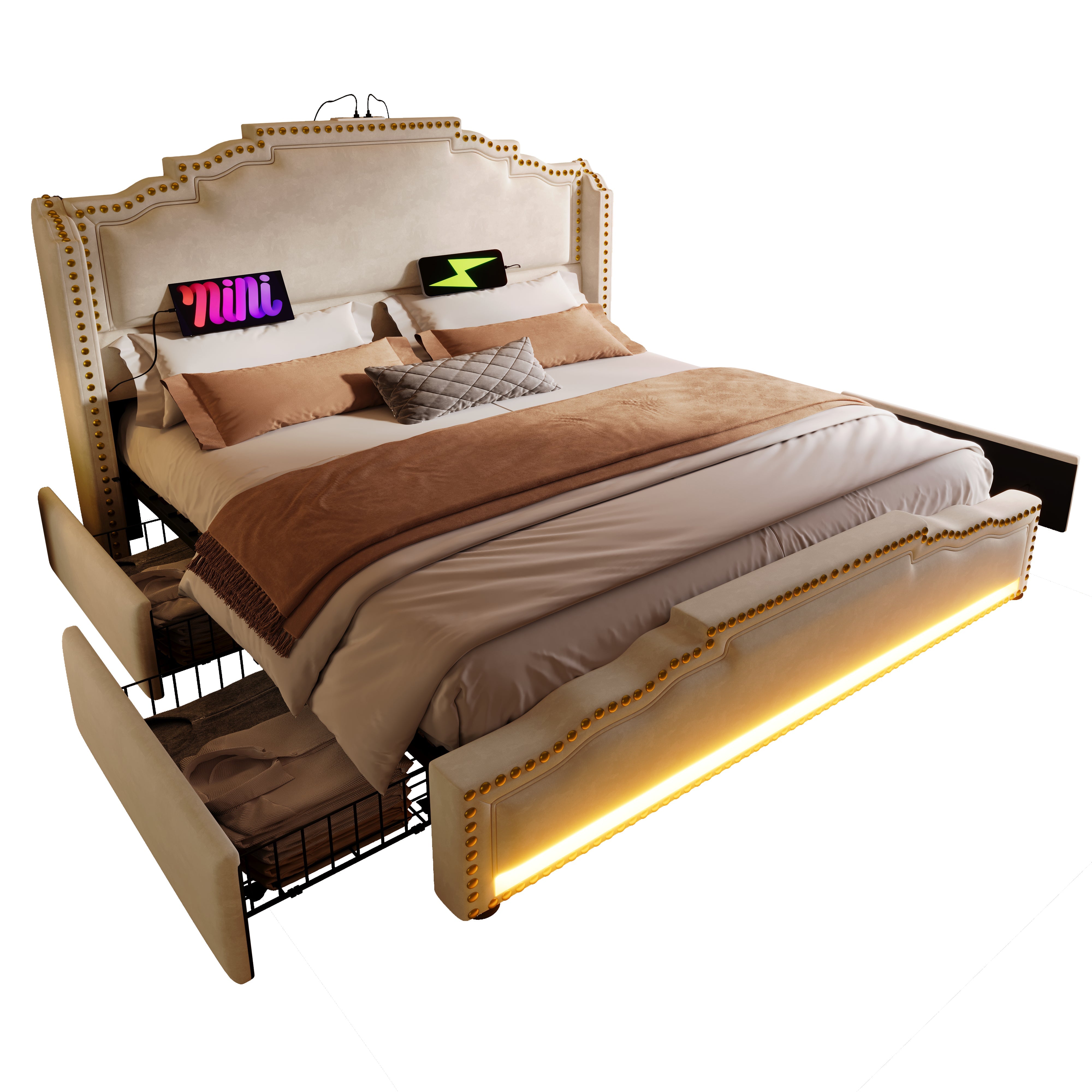 Upholstered Bed 180x200cm with 4 Drawers, LED Lighting and USB-C, Beige Velvet