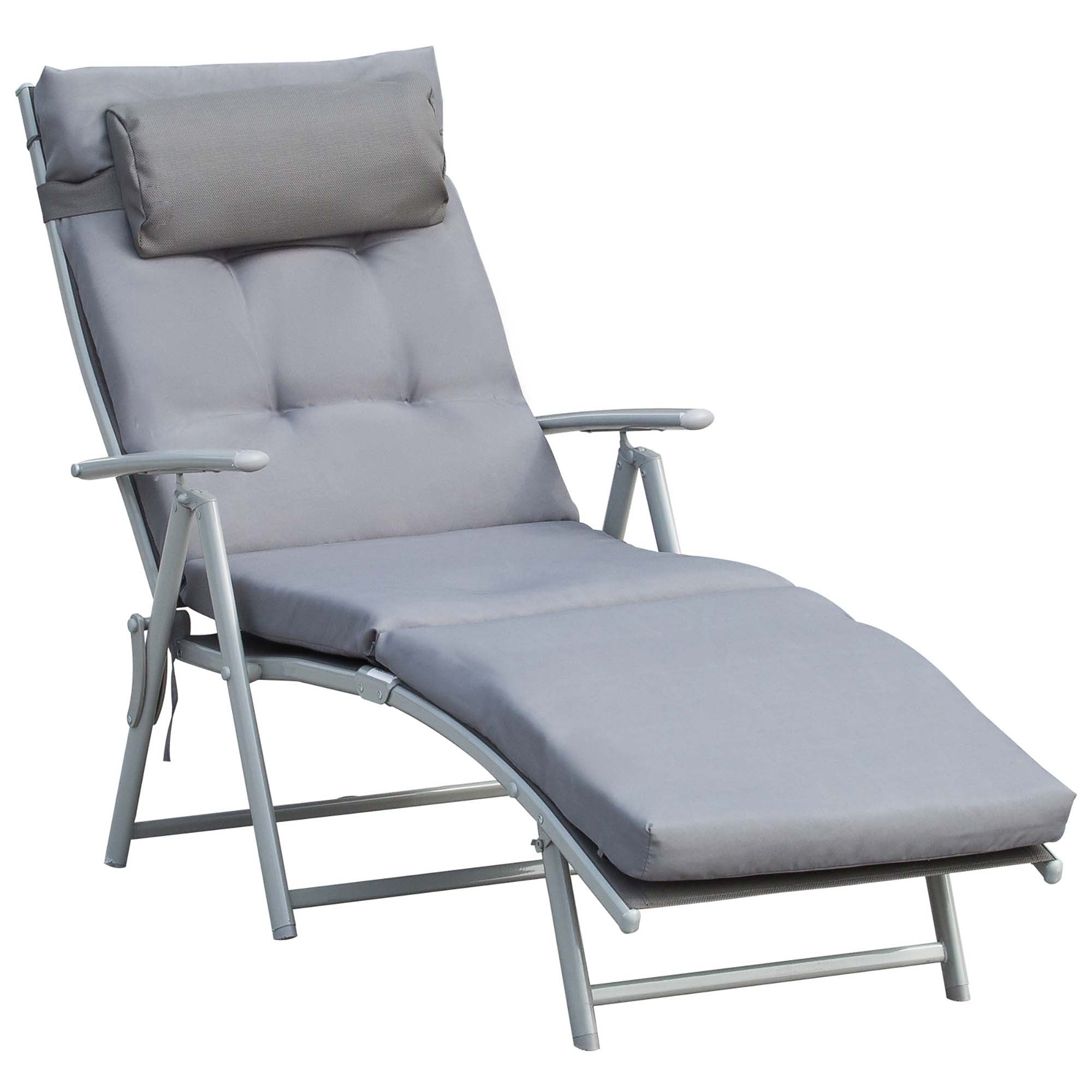 Sun Lounger/Beach/Garden, Foldable Adjustable with Cushion, Metal/Fabric Grey