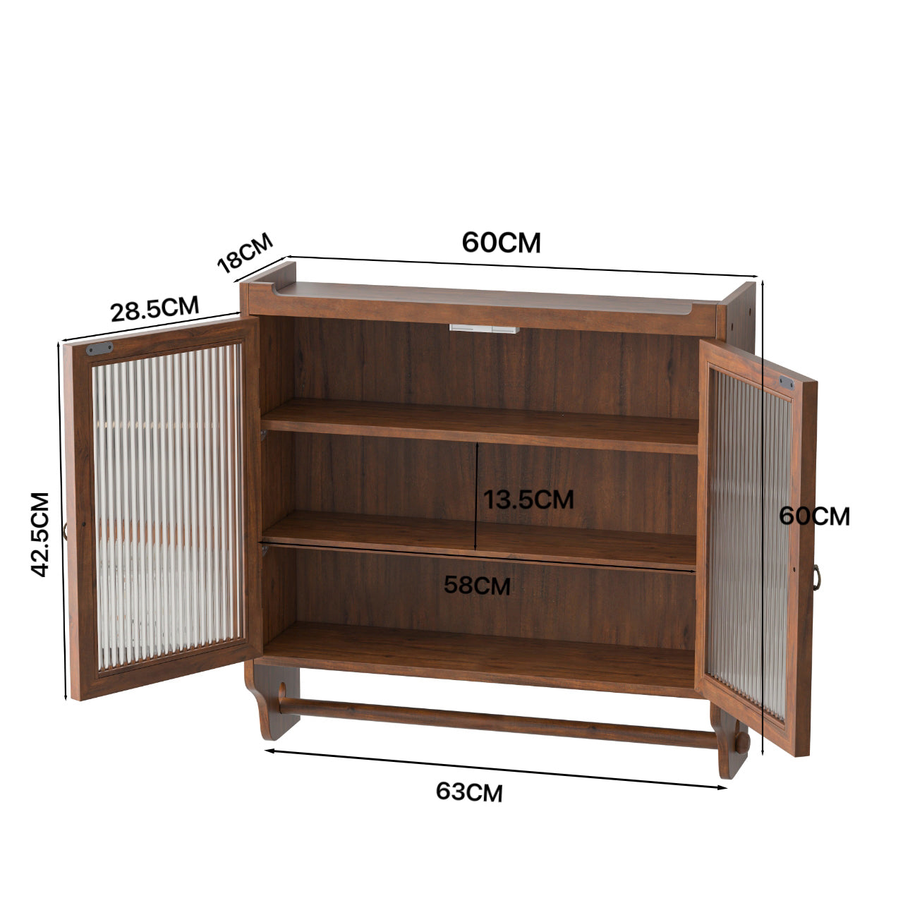Wall Cabinet 63CM, Double Door Vintage Glass with 3 Tiers, Towel Rack, Brown