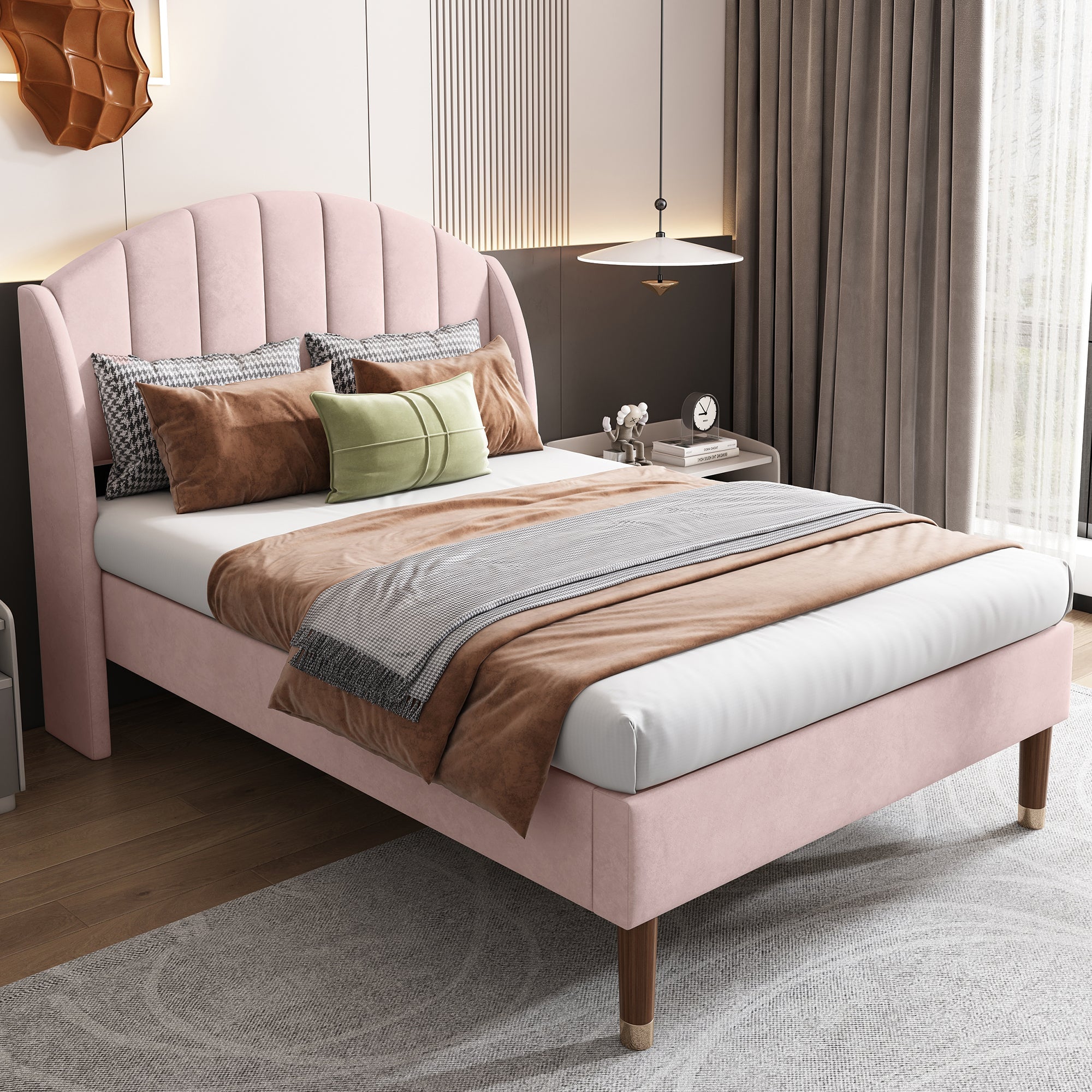 Upholstered Bed, Single Bed - 3ft(90*190cm) with Slatted Frame and Headboard, Pink Velvet