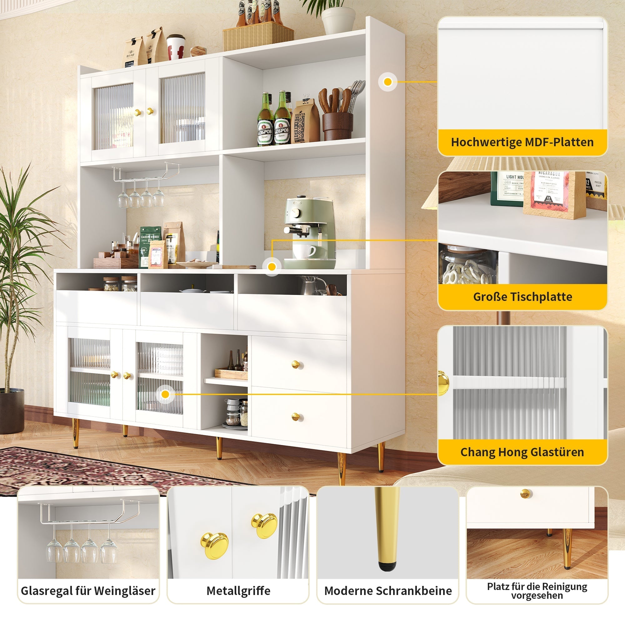 Dining Room Cabinet, Minimalist with Glass Doors & Wine Glass Shelves, White Gold Accents