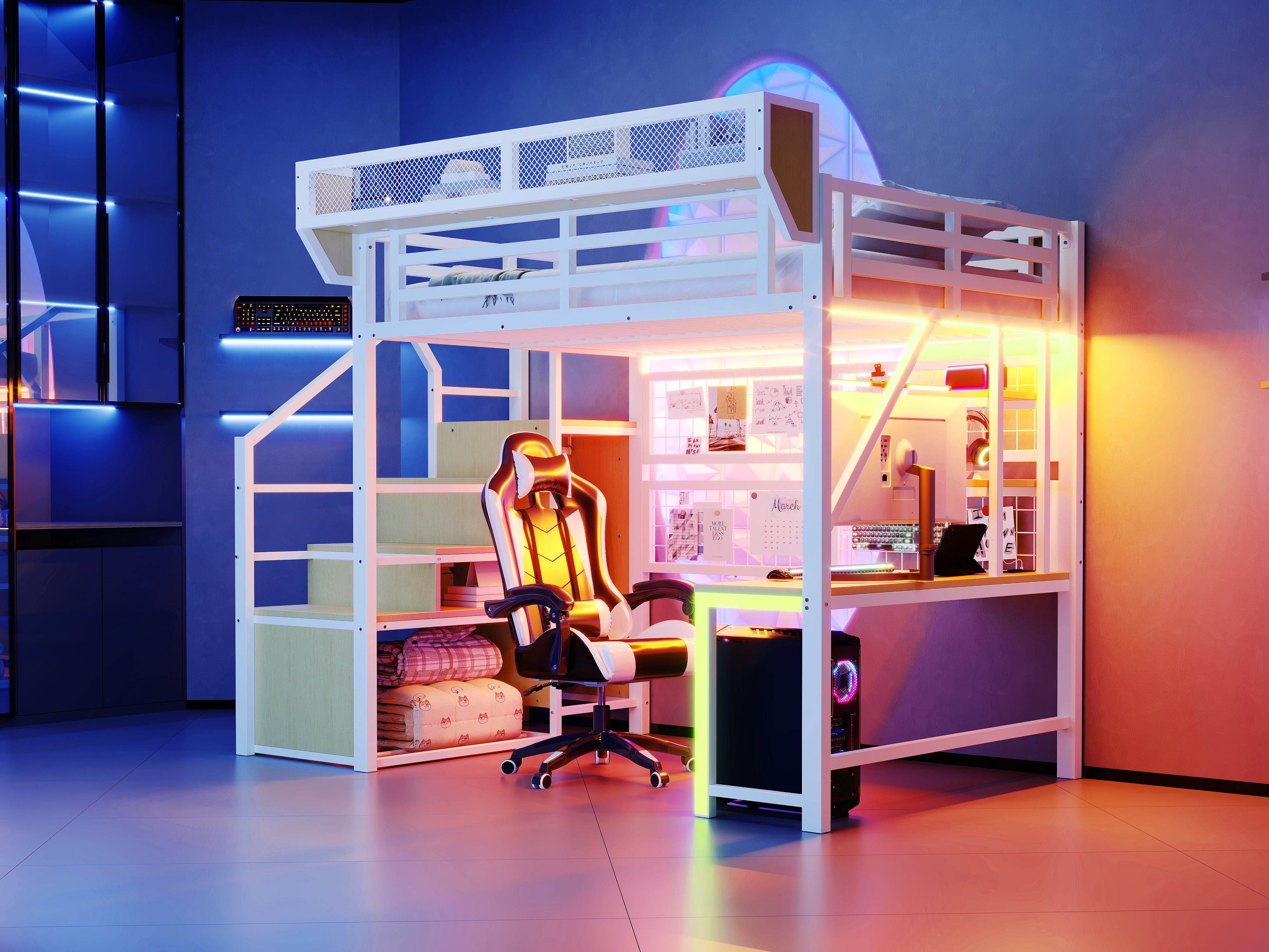 Metal Loft Bed with Desk, Shelf, Storage Net, LED and Socket, 140x200cm, White Metal
