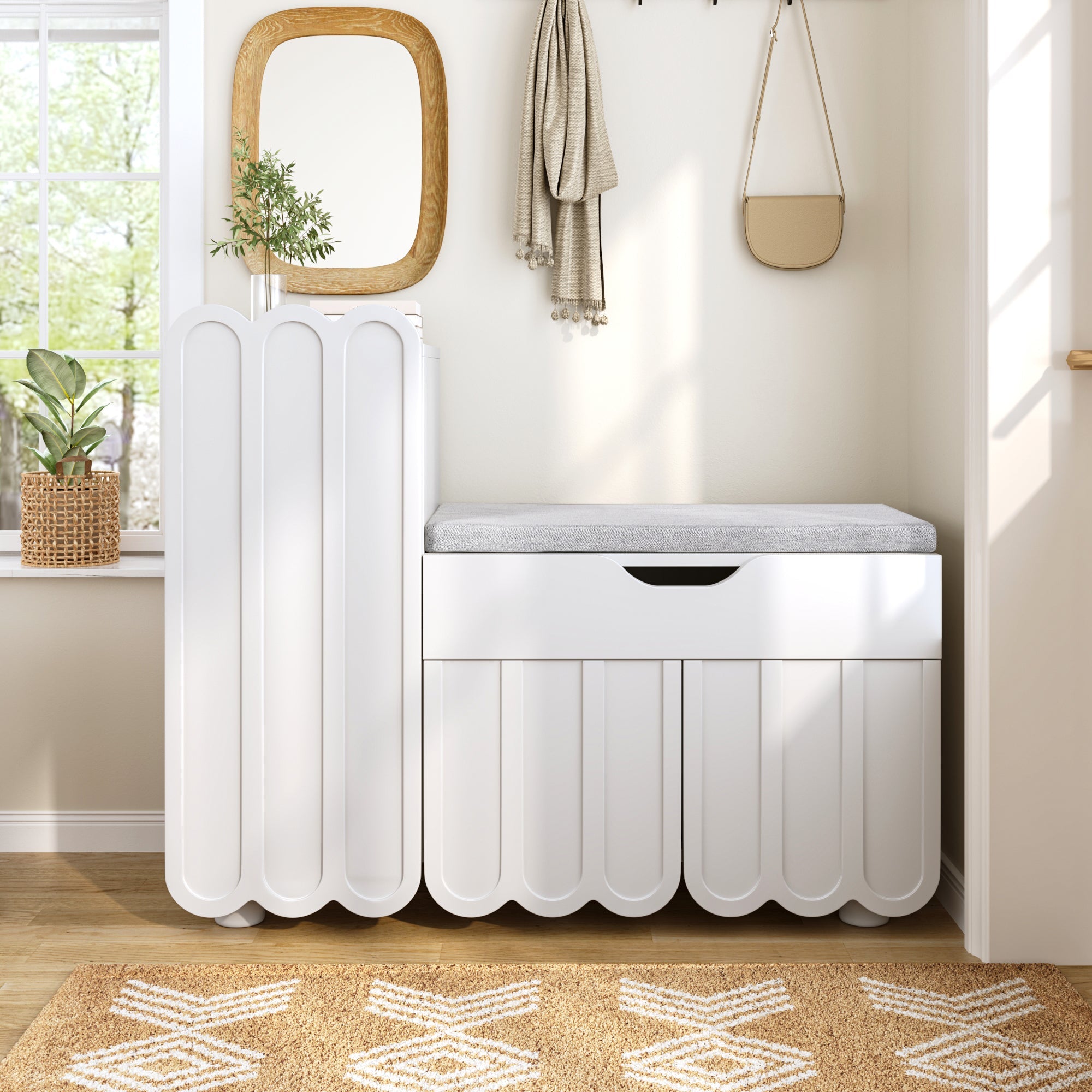 Modern 3-door shoe cabinet with drawer and seat cushion, white