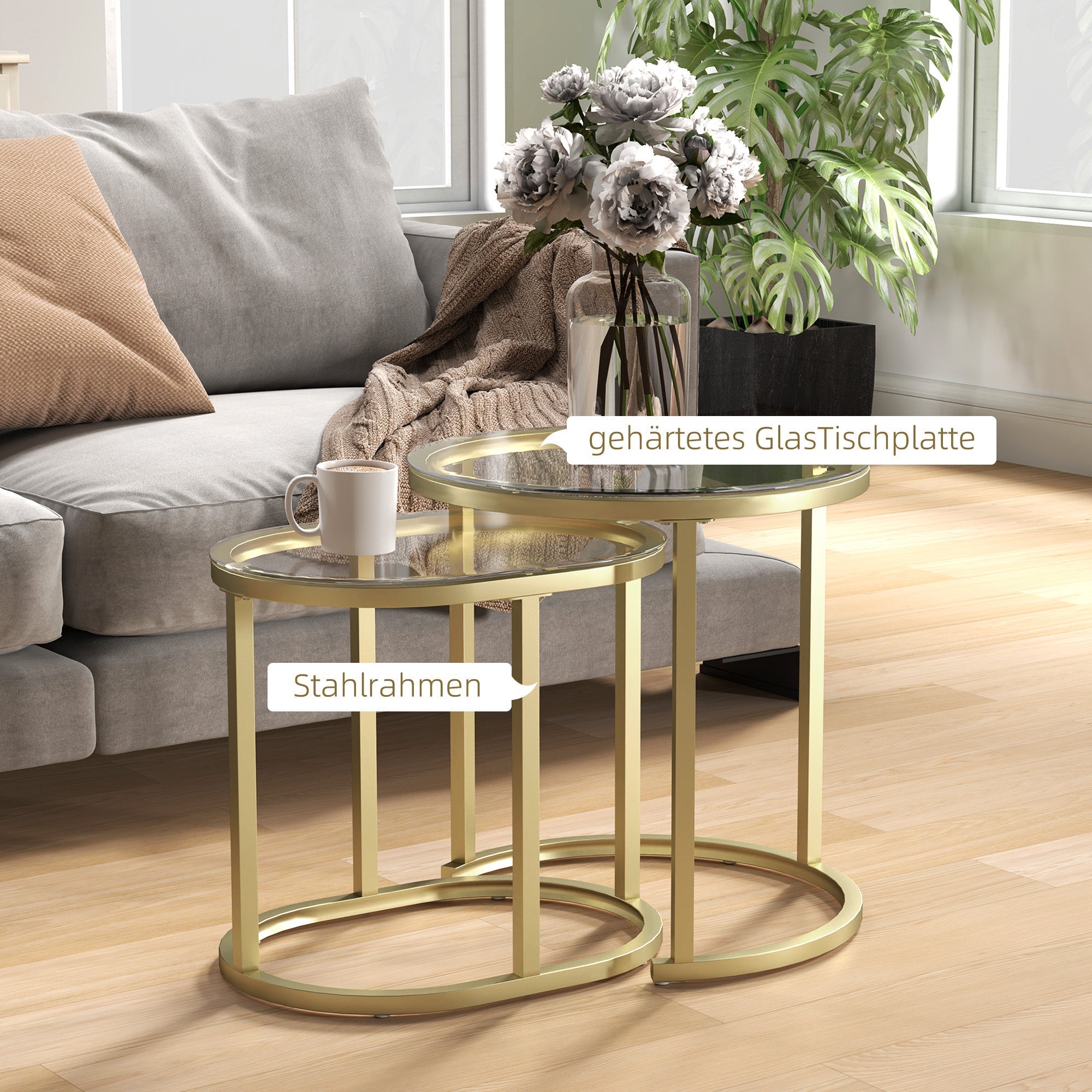 Round coffee table set of 2, stackable side table with steel frame, gold