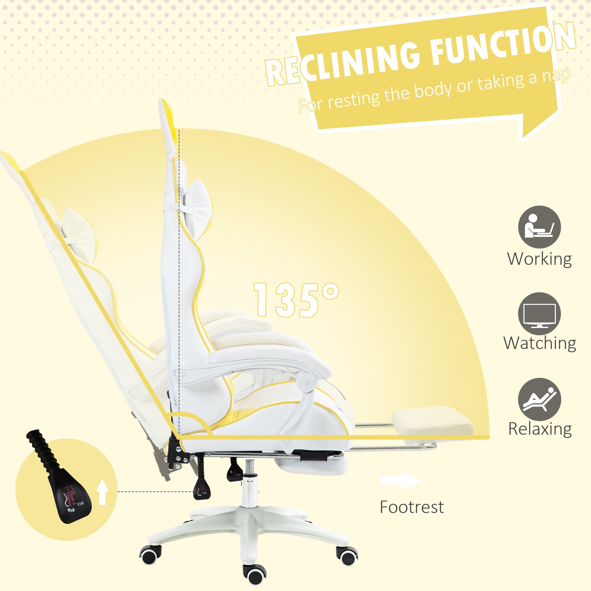 Racing Gaming Chair Reclining with Rabbit Ears Footrest Faux Leather Yellow