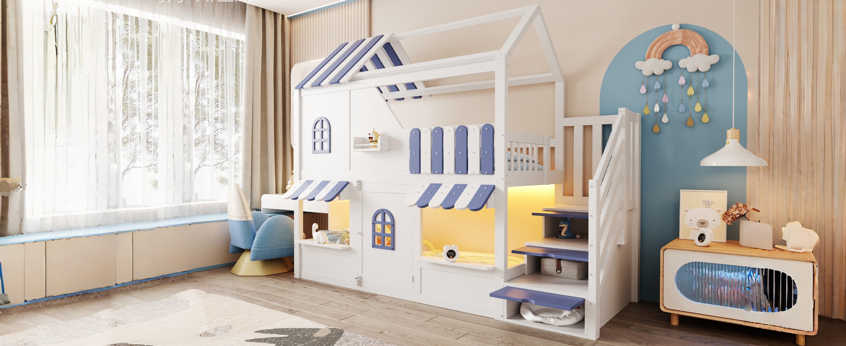 Children's Bunk Bed with House-Shaped Design, Storage Ladder, LED and Shelves, 90x200cm, White + Blue