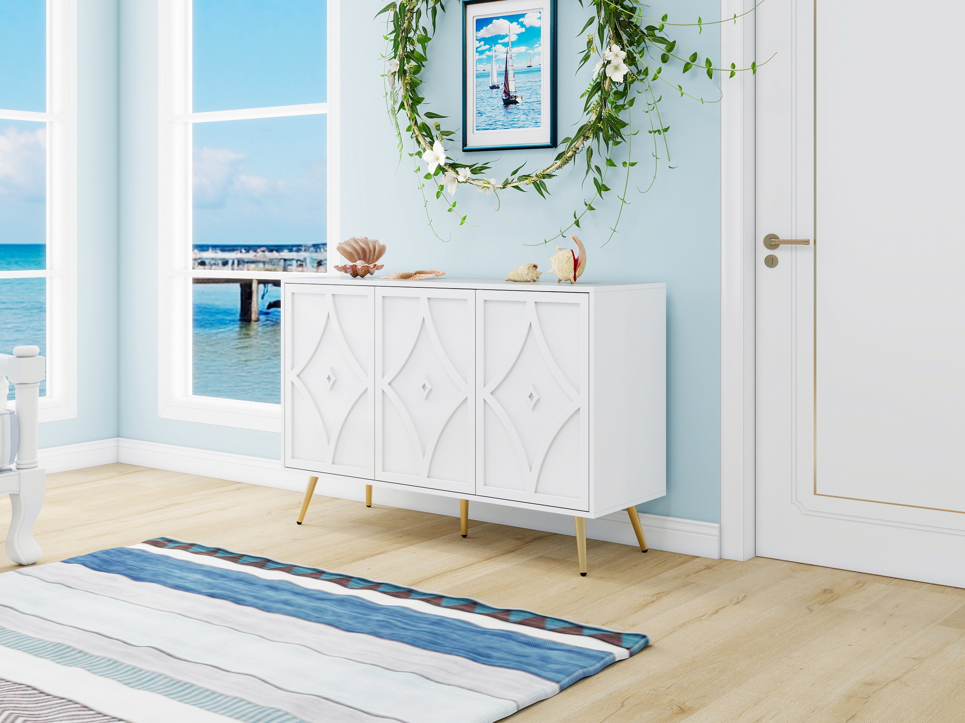 Sideboard Cabinet, 3-Door, 3D Carving, Gold Metal Legs, White