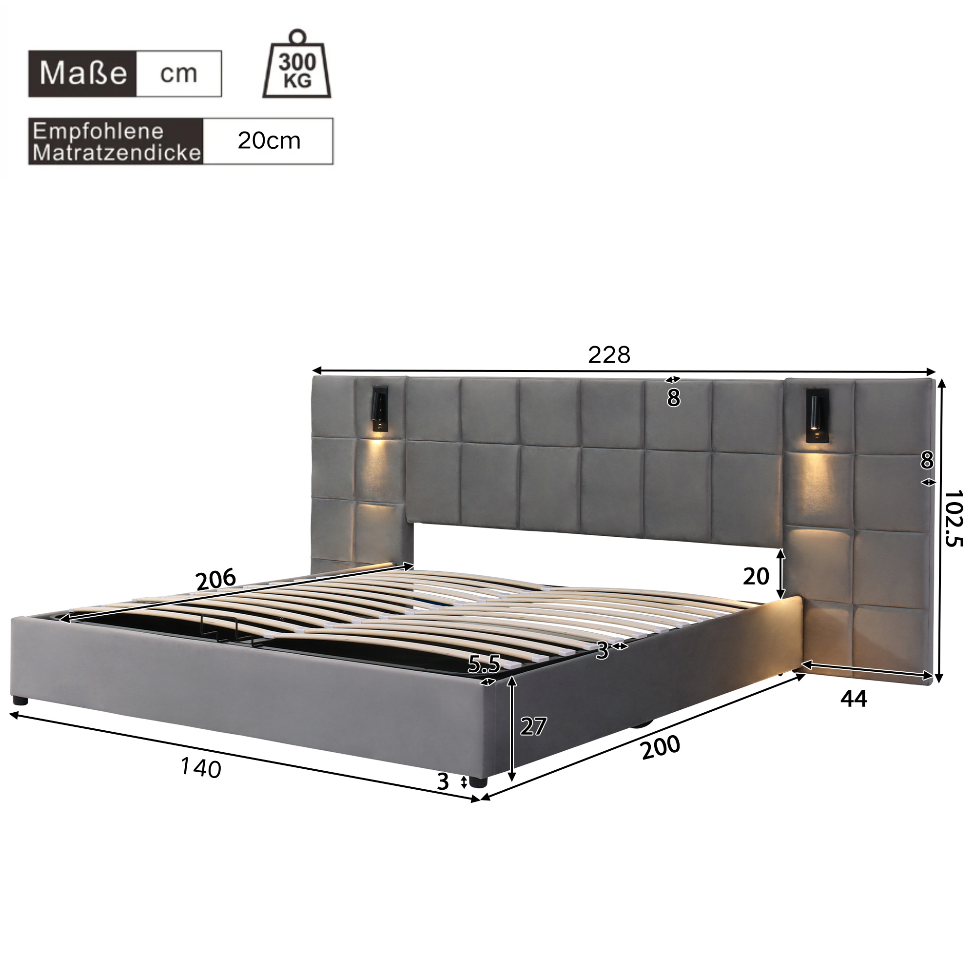Upholstered Bed 140x200cm Hydraulic Storage USB Lamp Checkerboard - Velvet Grey